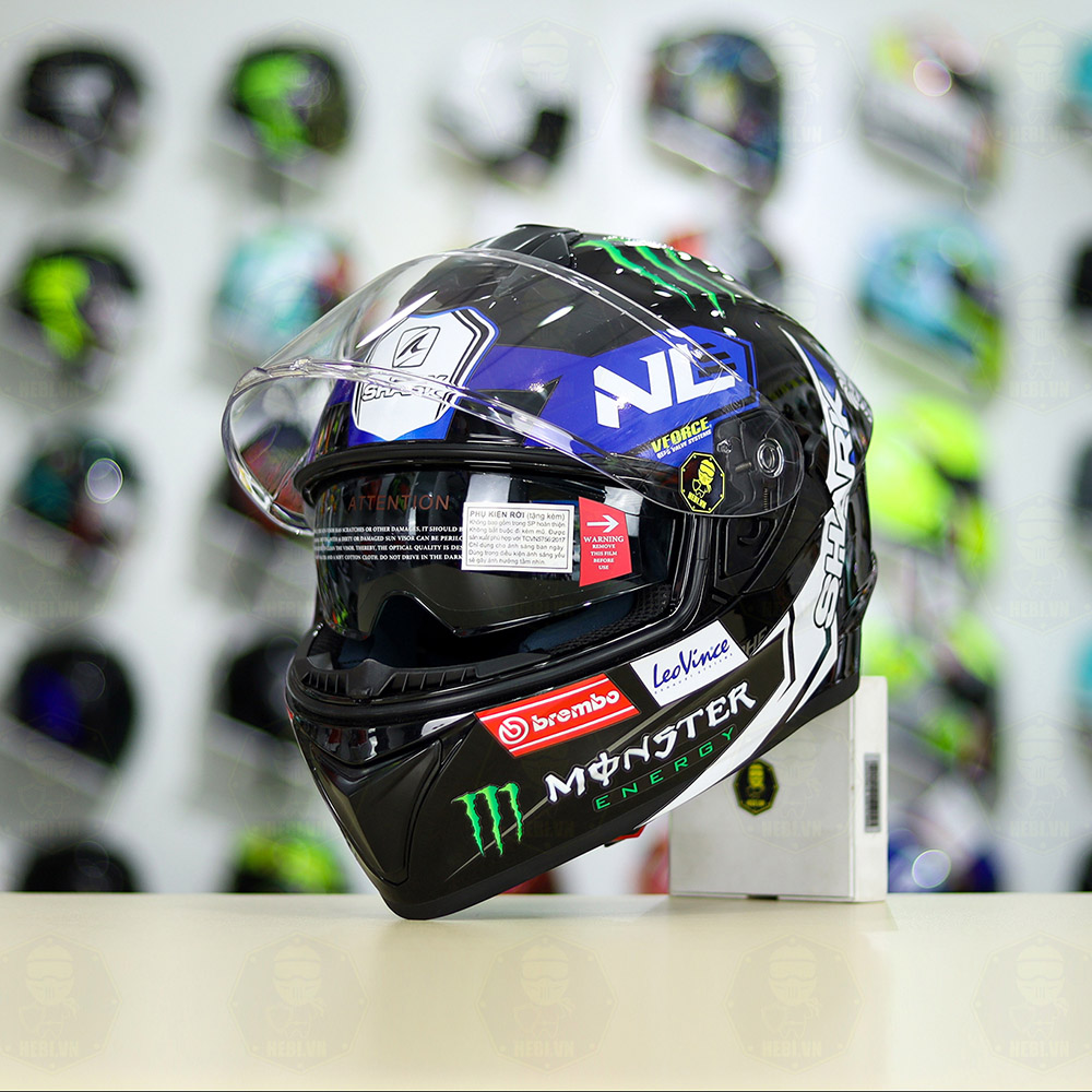 Mũ Fullface EGO E81 Đen Bóng + Dán Tem SHARK Monster Xanh FREESHIP