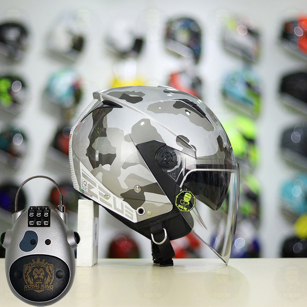 Combo Mũ 3/4 ZEUS 205 Camo Trắng Xám Độ Khóa Chống Trộm