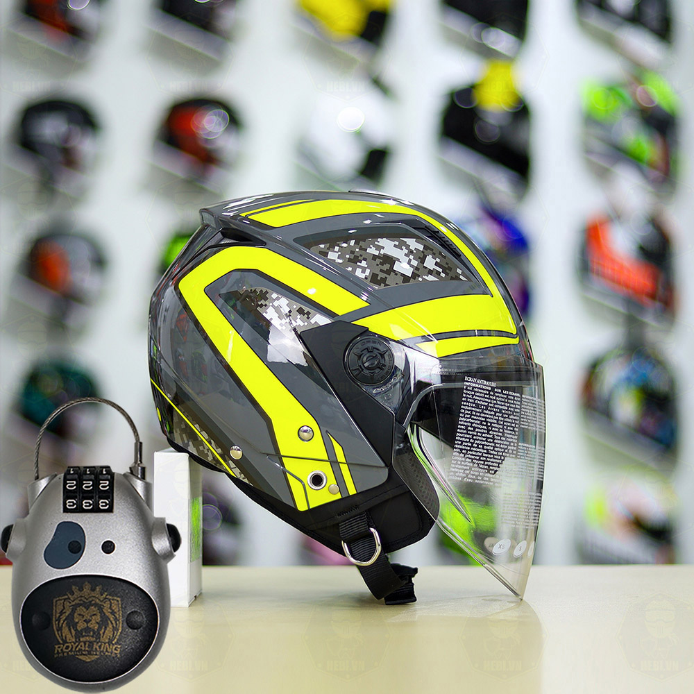 Combo Mũ 3/4 ZEUS 205 Camo Vàng Bóng Độ Khóa Chống Trộm