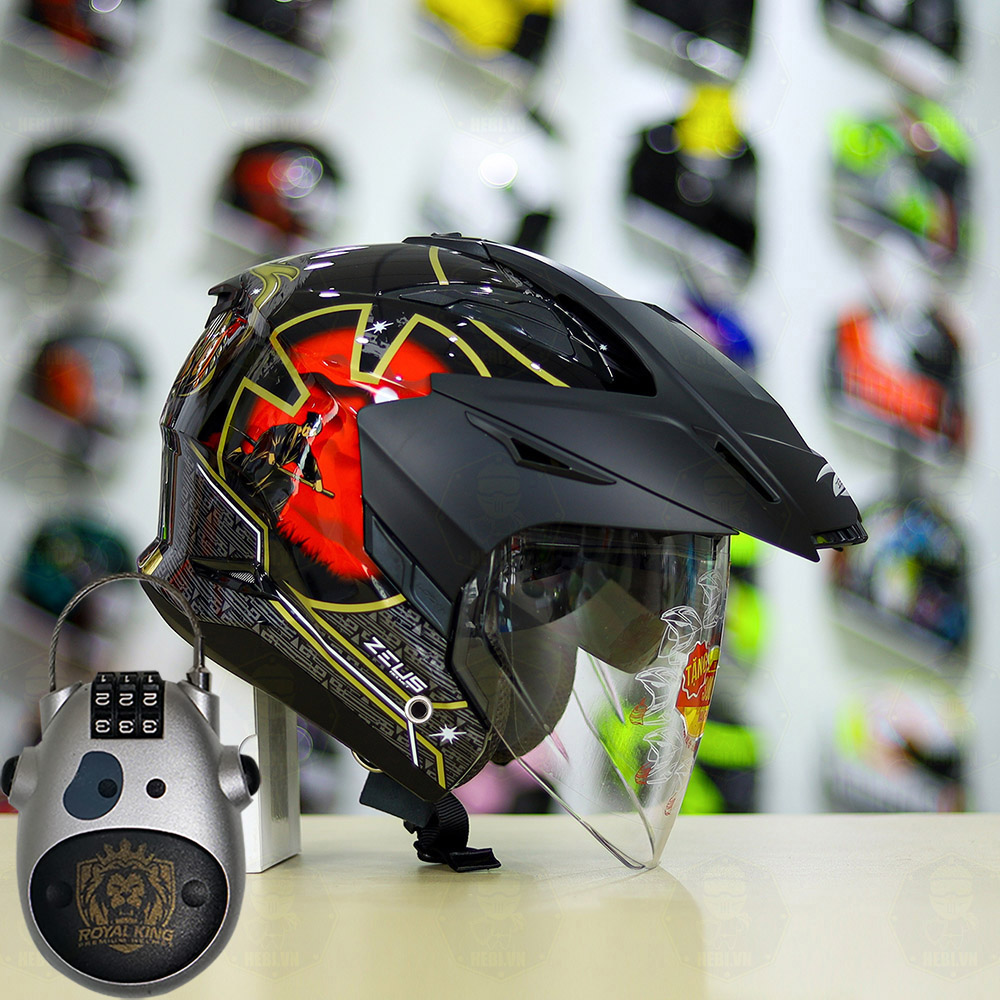 Combo Mũ 3/4 ZEUS 613b Samurai Đen Độ Khóa Chống Trộm