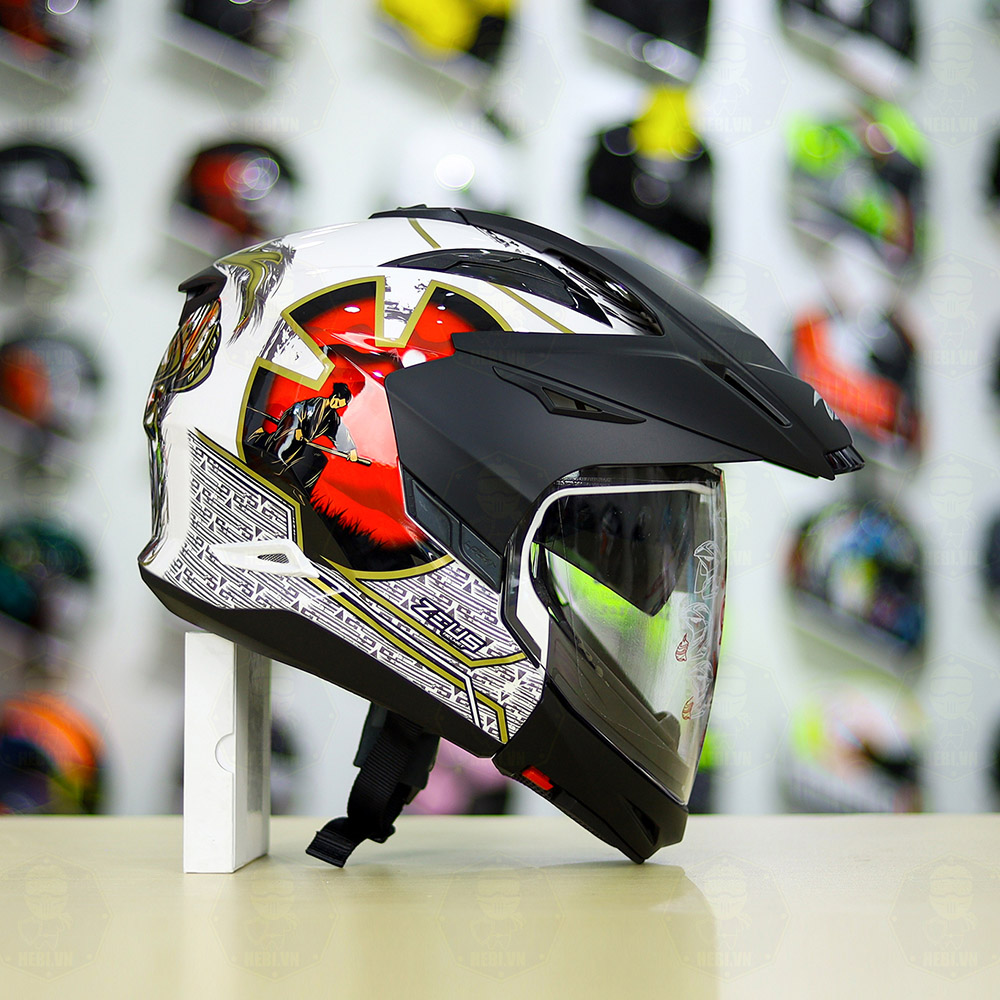 Full Bộ Mũ Zeus 613b + Mái Che + Hàm Samurai Trắng Đỏ Bóng FREESHIP