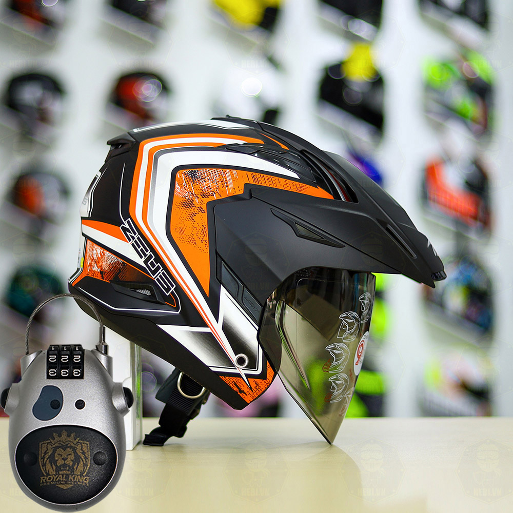 Combo Mũ 3/4 ZEUS 613b Trắng Cam Đen Nhám Độ Khóa Chống Trộm