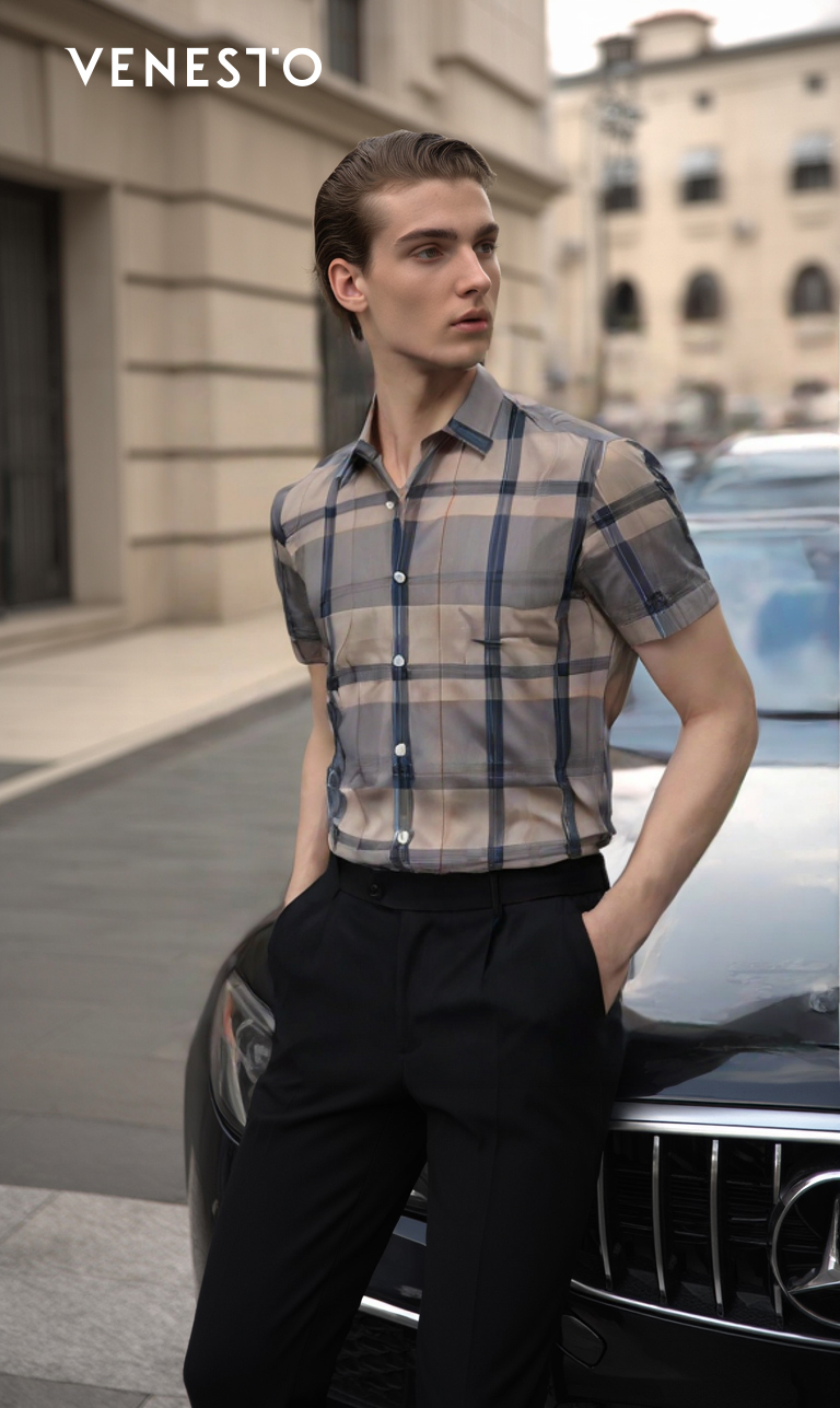 Áo sơ mi nâu be đỏ ngắn tay