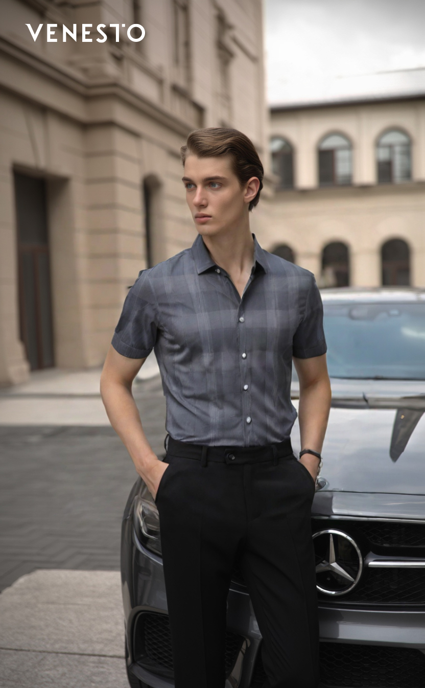 Áo sơ mi xám kẻ sọc trắng ngắn tay (Chiếc)