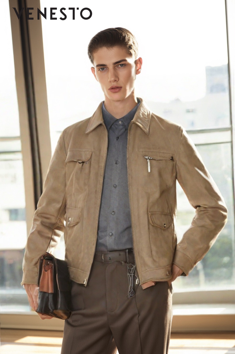 Áo khoác da nâu cổ bẻ phối đai