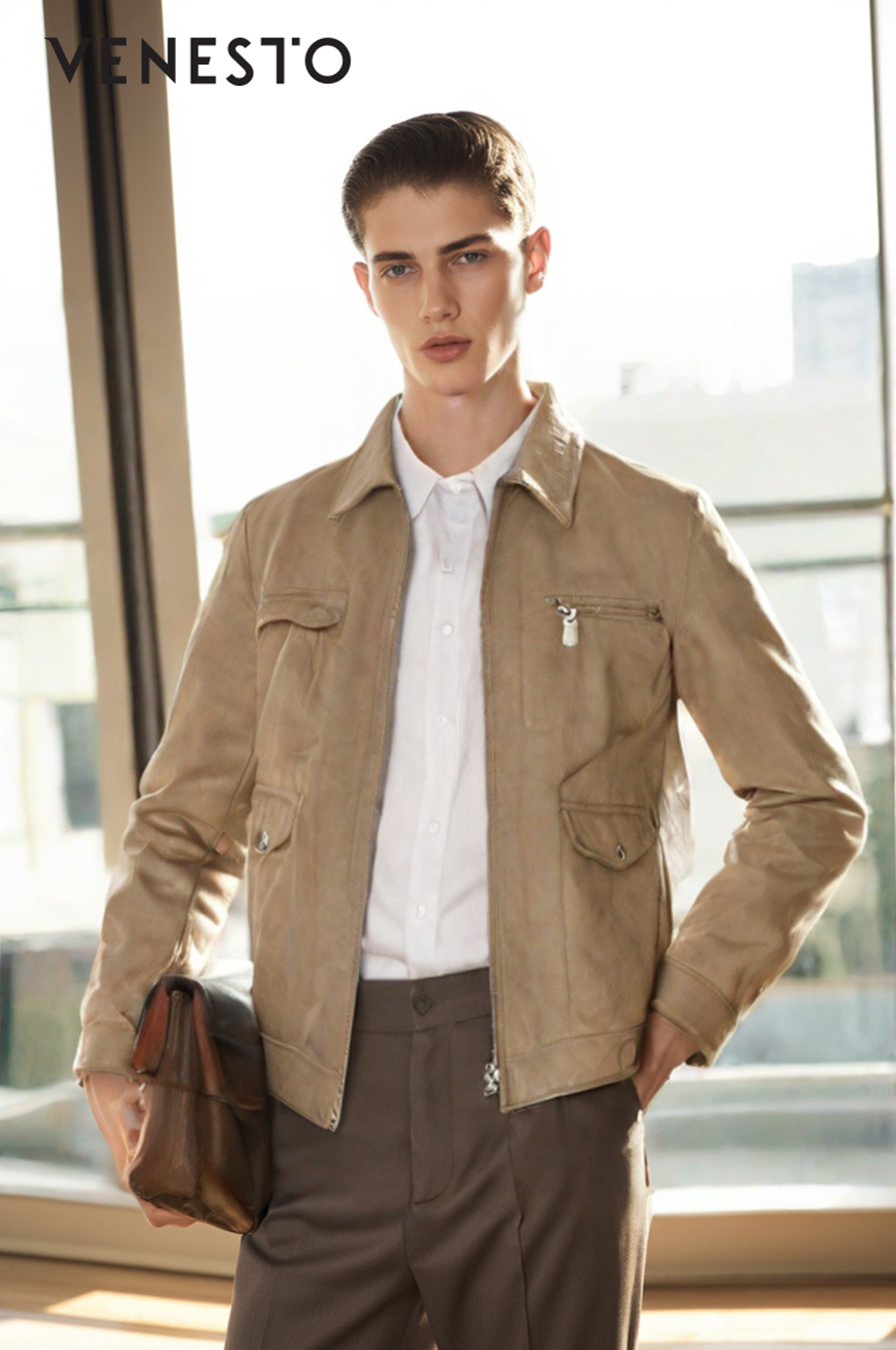 Áo khoác da nâu cổ bẻ phối đai