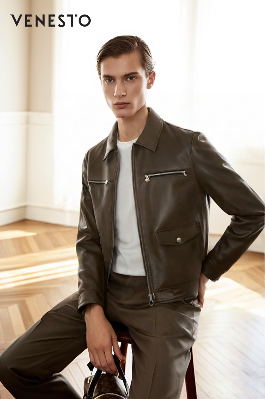 Áo khoác da chocolate cổ bẻ phối đai