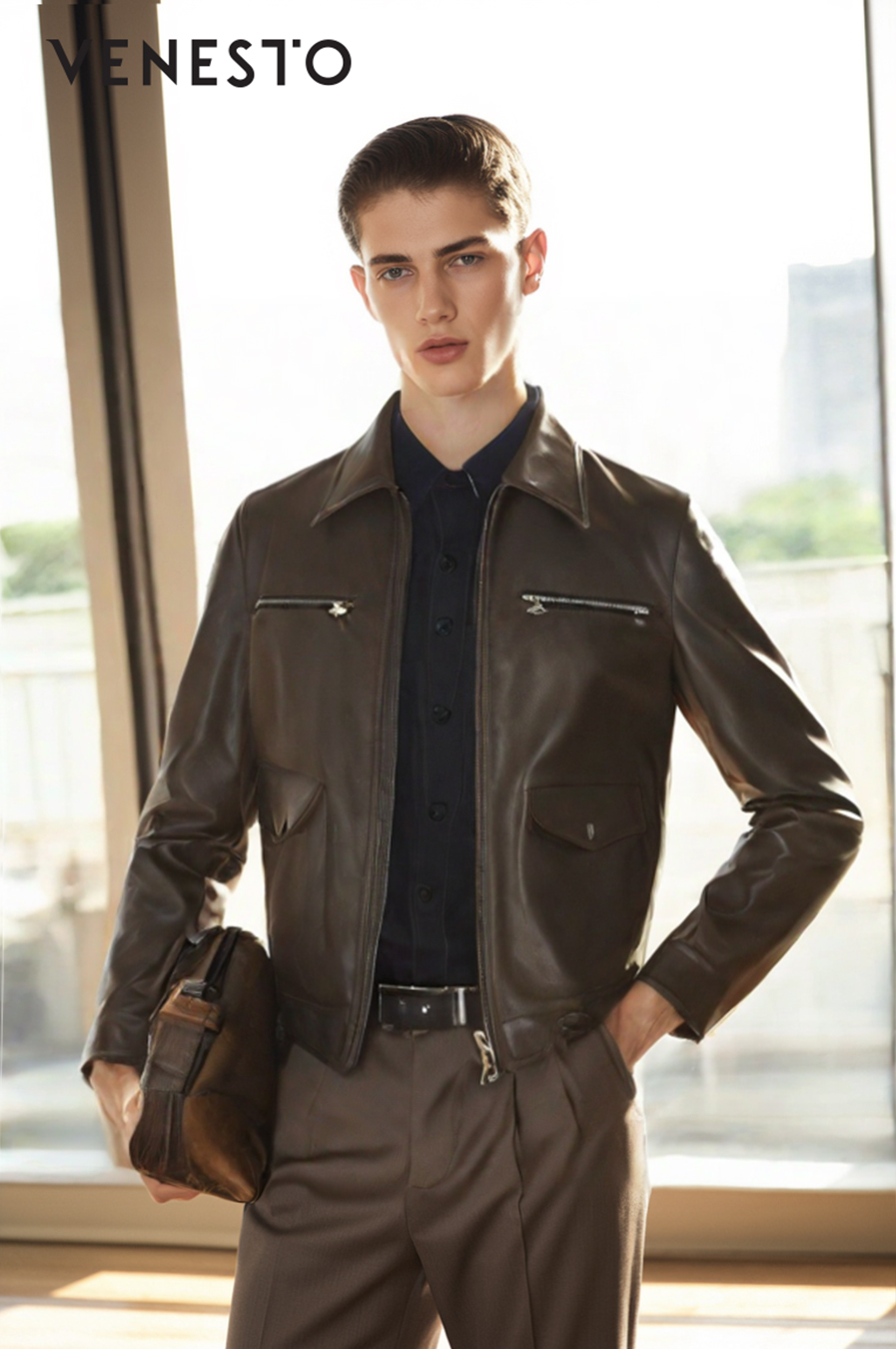 Áo khoác da chocolate cổ bẻ phối đai