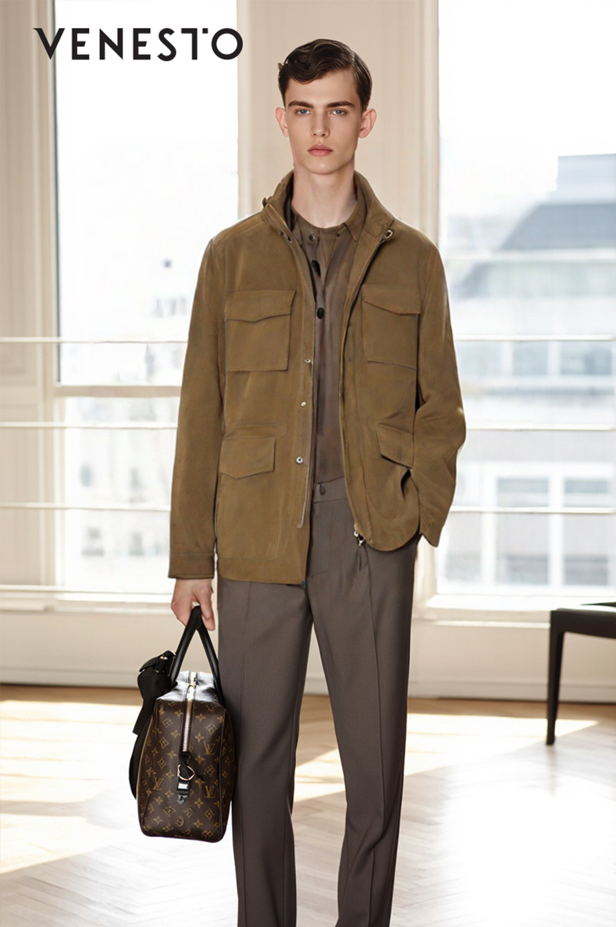 Áo khoác thắt eo nâu cổ đứng