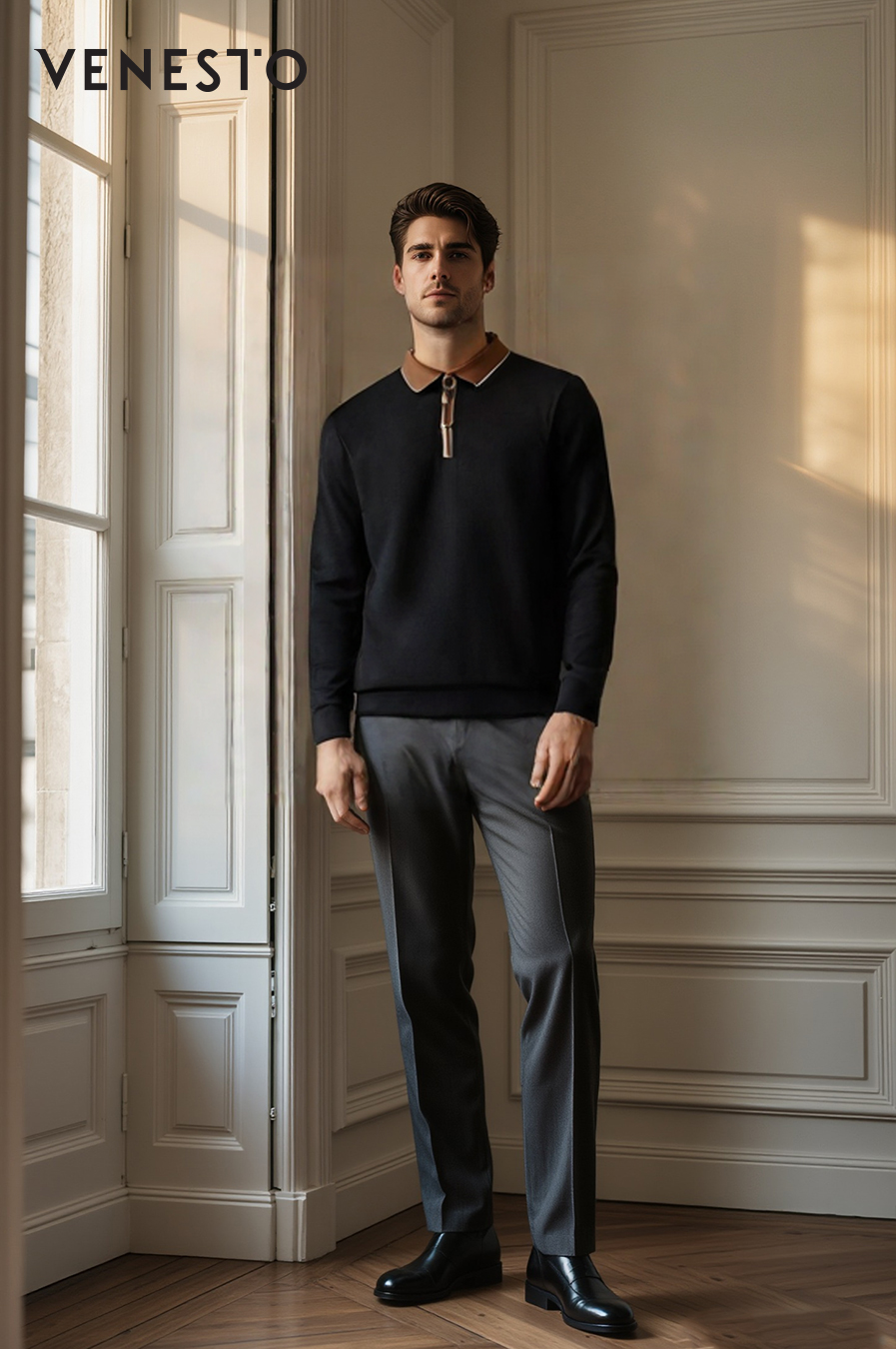 Áo thun len dệt kim đen phối cổ