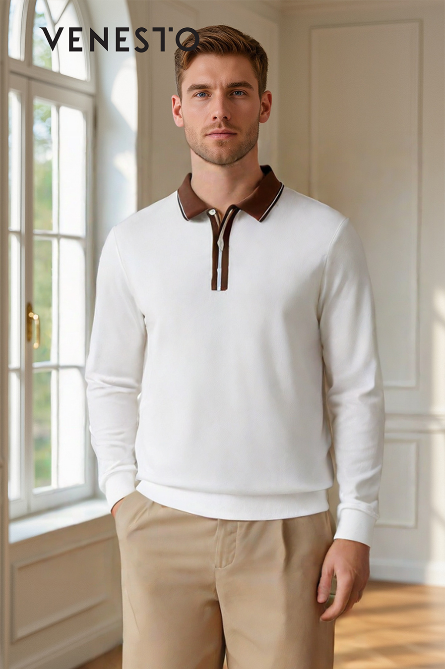 Áo thun len dệt kim trắng phối cổ