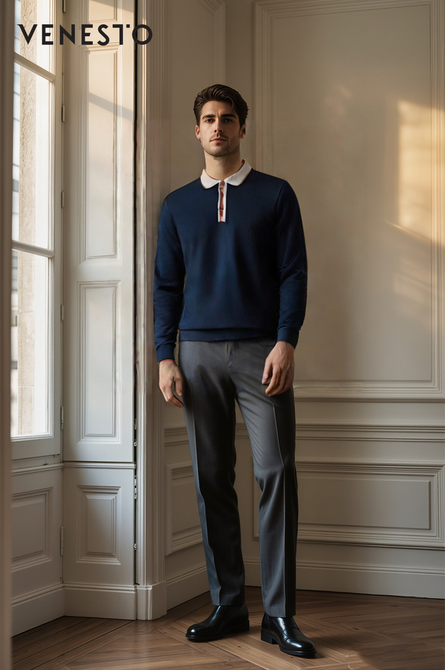 Áo thun len dệt kim xanh phối cổ