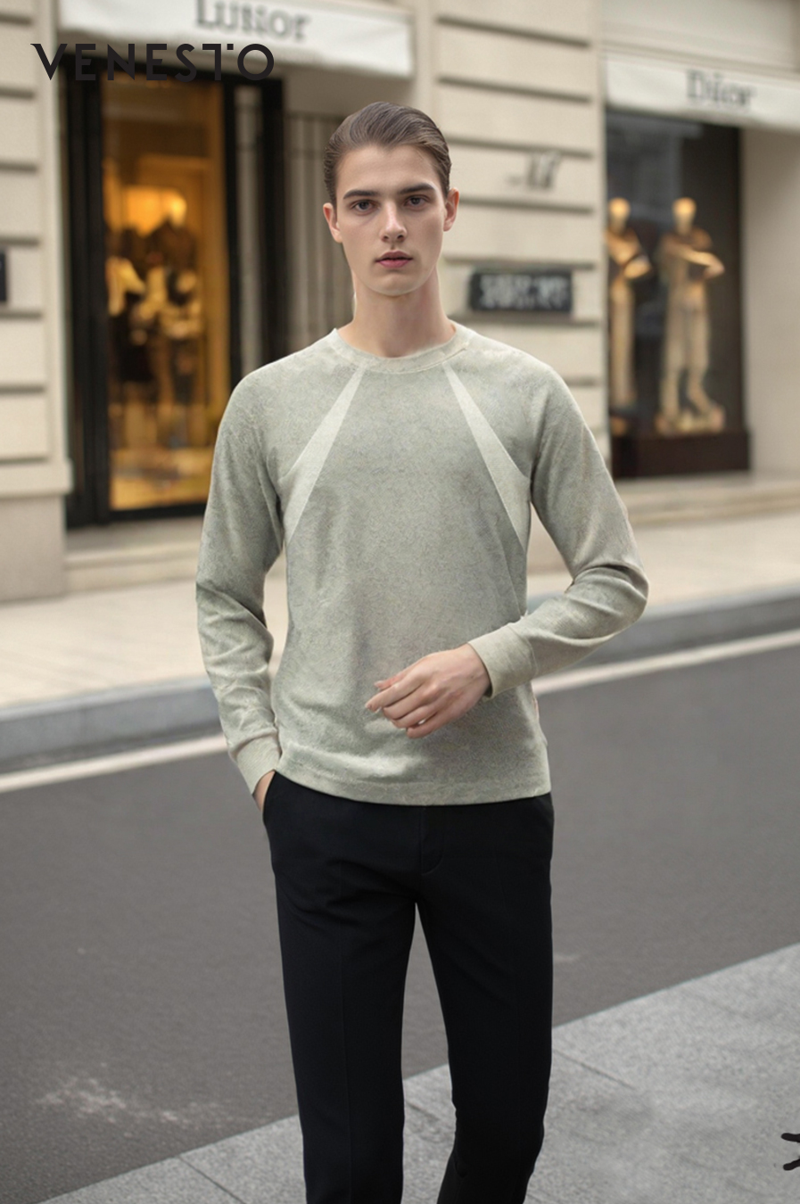 Áo thun len dệt kim xanh phối cổ