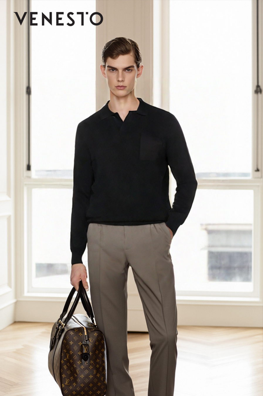 Áo len tăm đen cổ bẻ