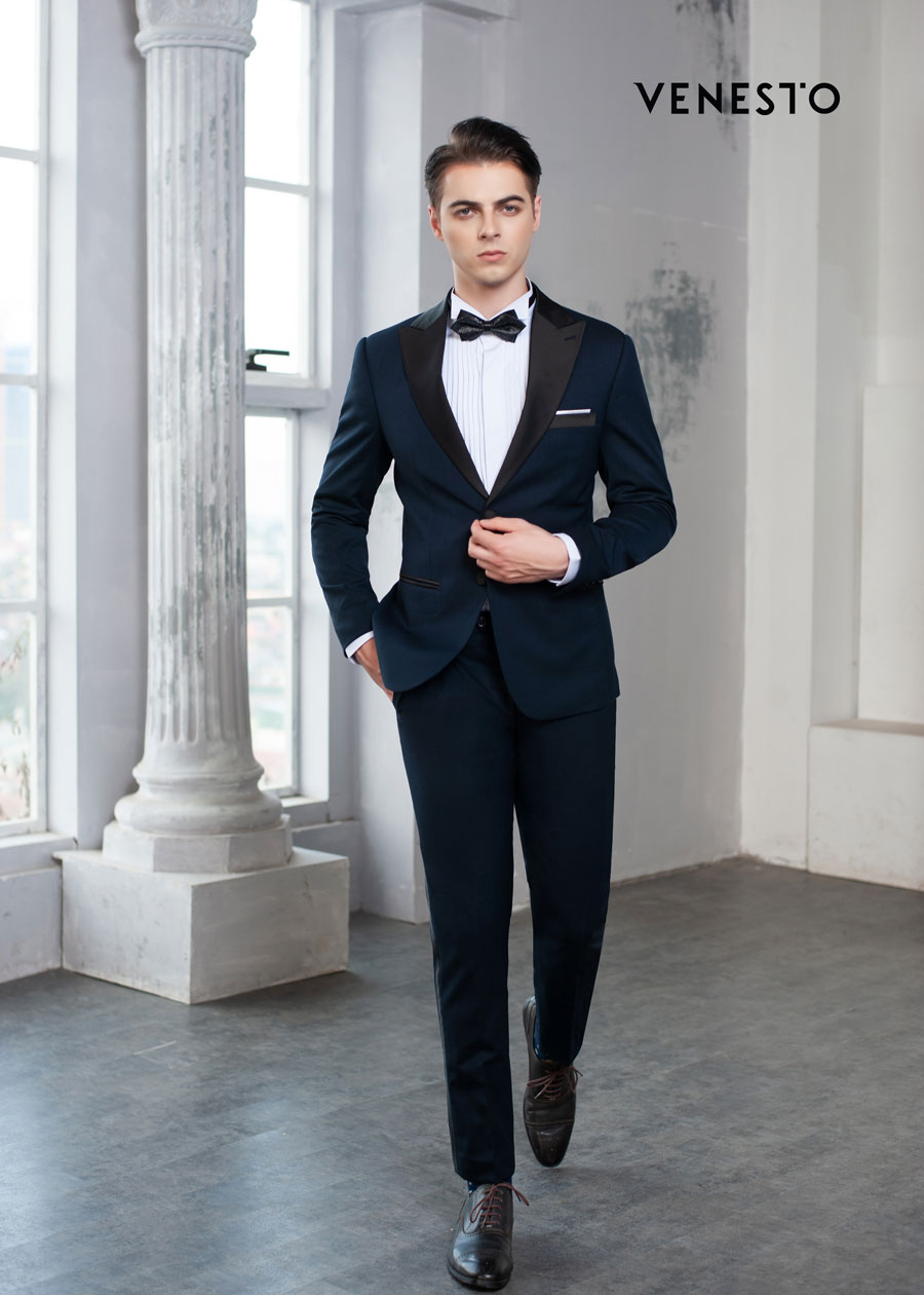 Bộ vest Tuxedos xanh than cổ ý