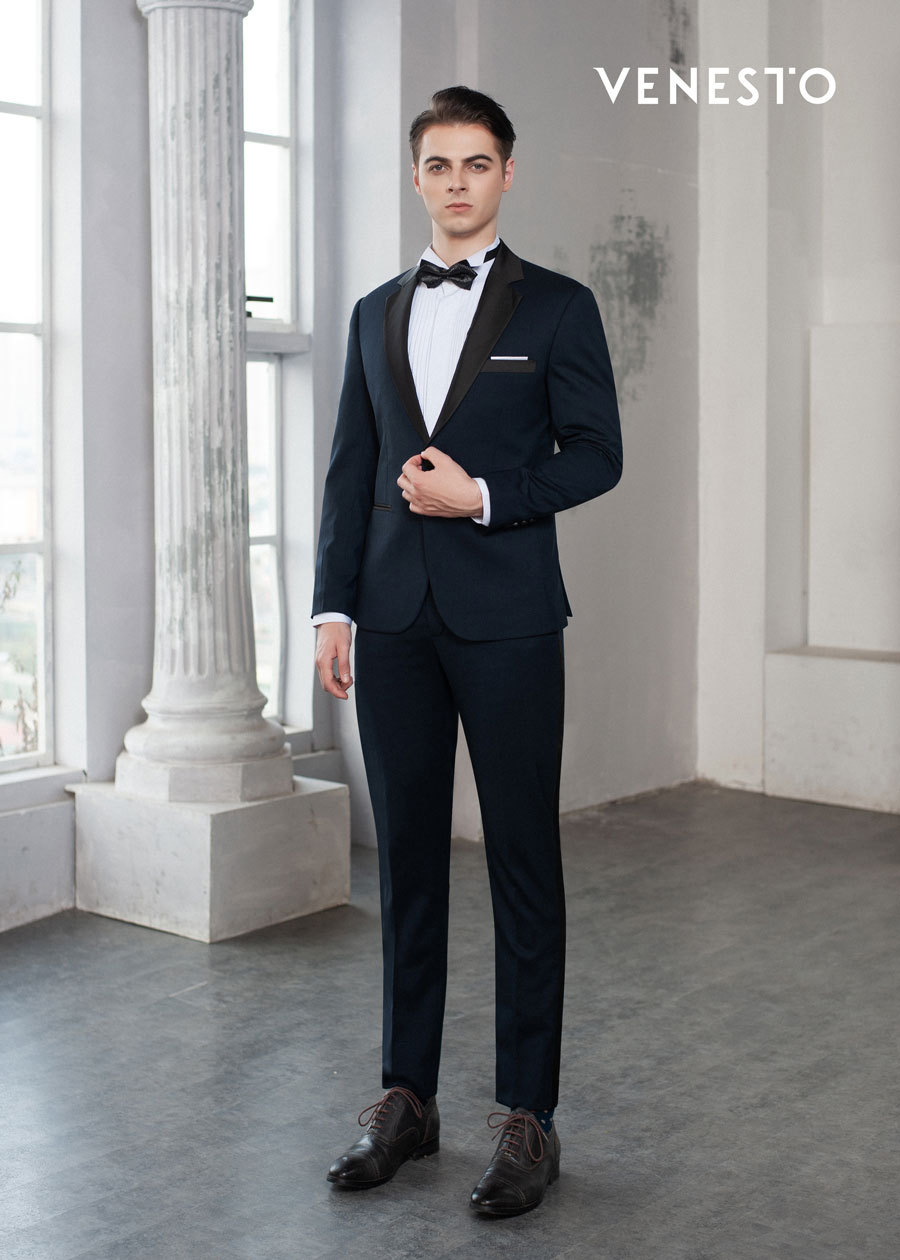 Bộ vest Tuxedos xanh than cổ thường