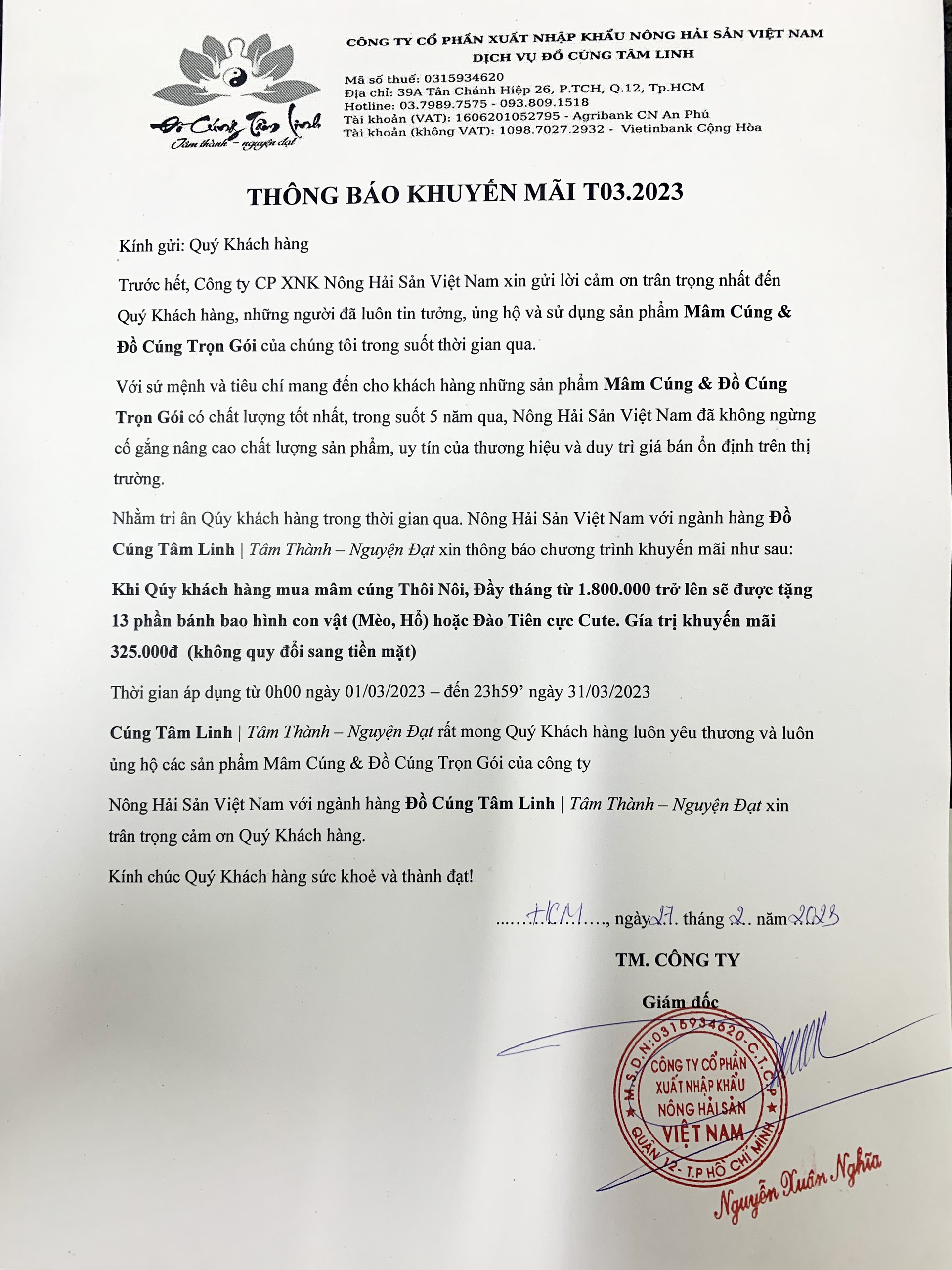 Đồ Cúng Tâm Linh Thông Báo Khuyến Mãi Tháng 03.2023