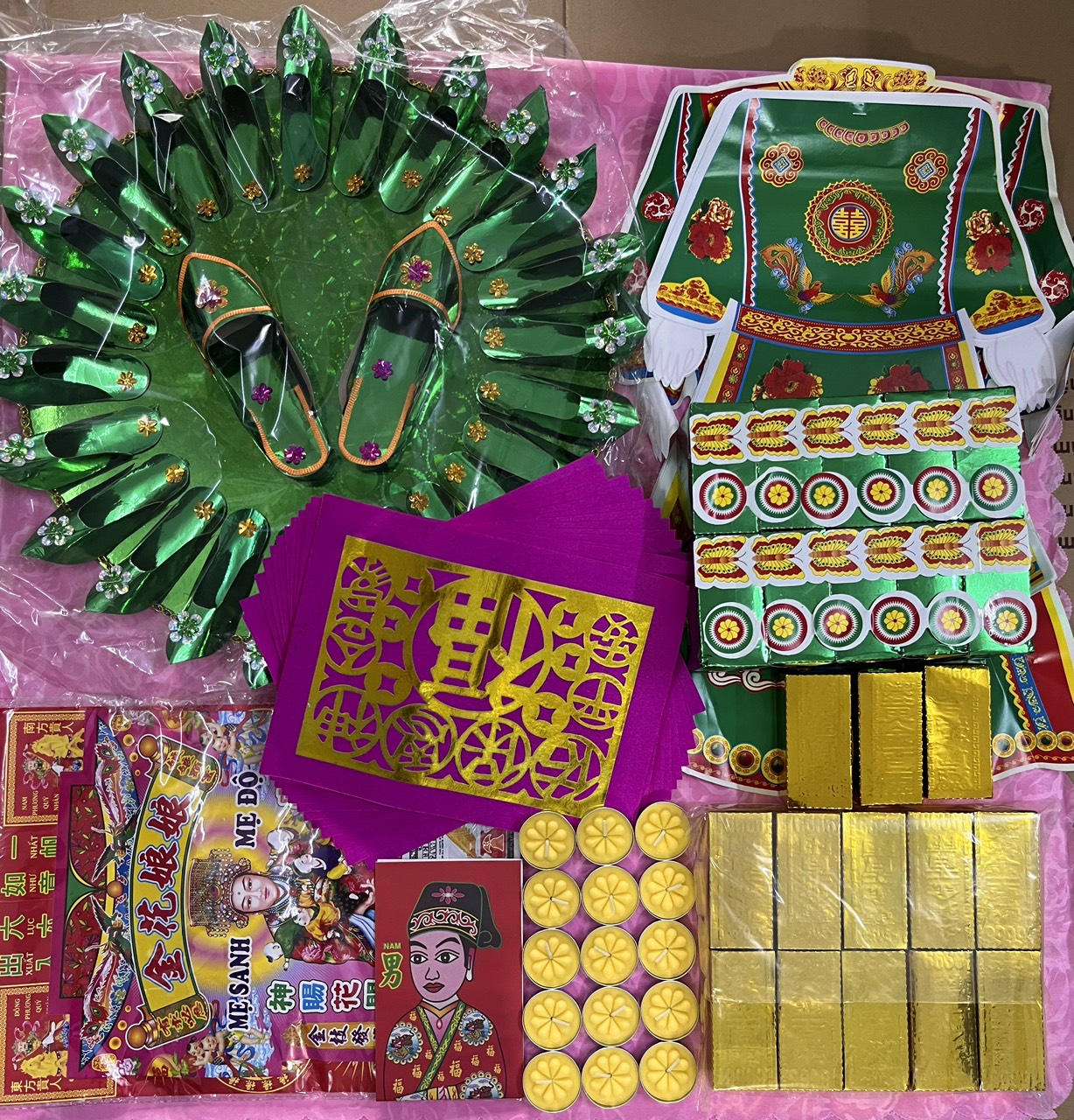 Bộ Giấy Cúng Đầy Tháng Thôi Nôi Cúng Căn Đầy Đủ Hài Sảo Tròn Tone Xanh