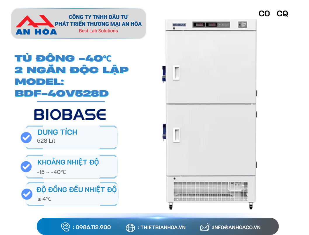 Tủ đông -40°C 2 ngăn độc lập 368L, 528L hãng: Biobase/Trung Quốc