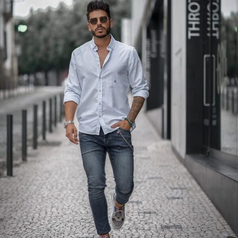 Outfit thời thượng cùng áo sơ mi, quần jeans