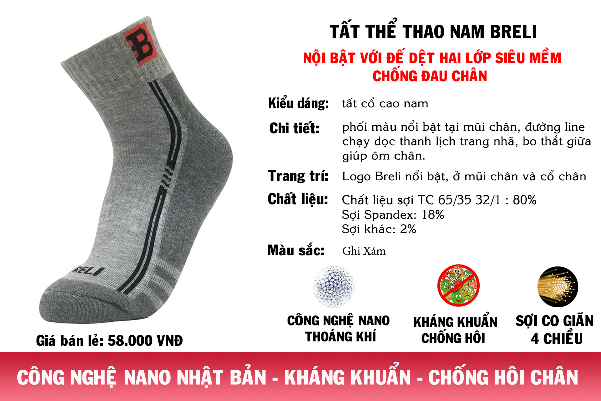 Tất thể thao nam Breli - BTF9002-GY