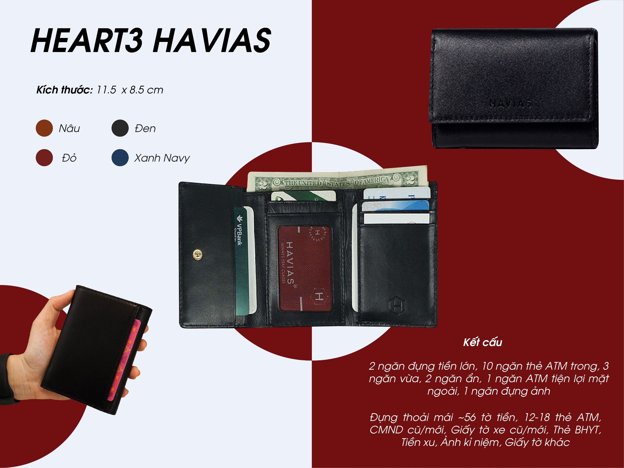 Ví gấp da bò thật Heart3 HAVIAS Mini Handcrafted Wallet