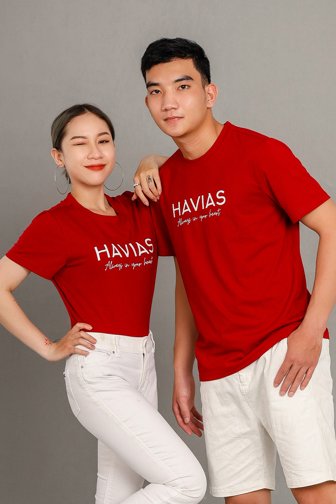 Couple Áo Thun Cotton HAVIAS Tag, Đỏ