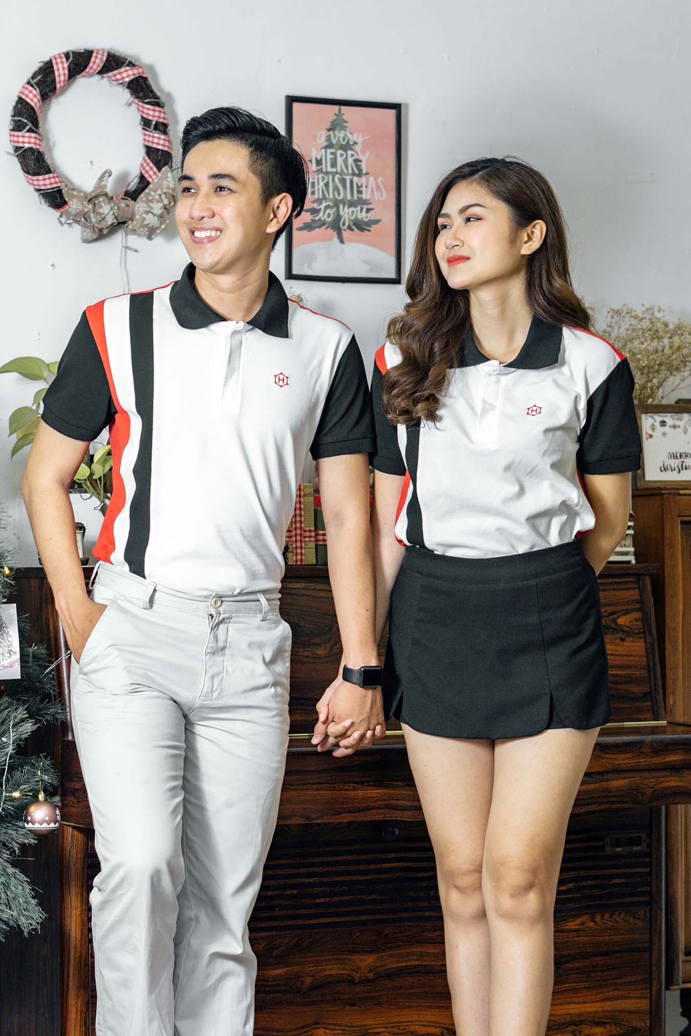 Đồ đôi Couple Red White Black mix Vertical line Premium Polo