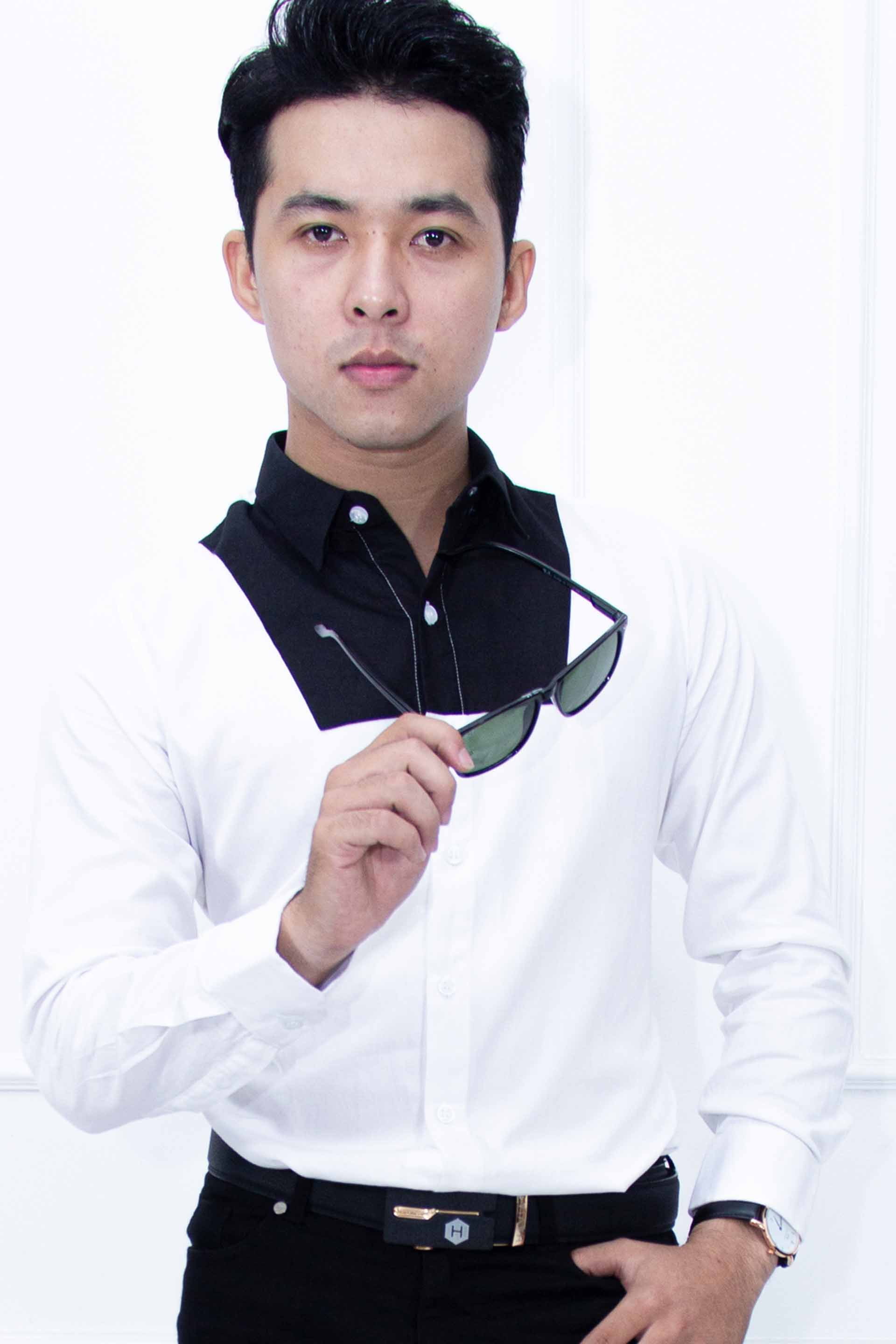 Sơ mi Trắng cao cấp, Black Chest Hidden Button Down White Shirt