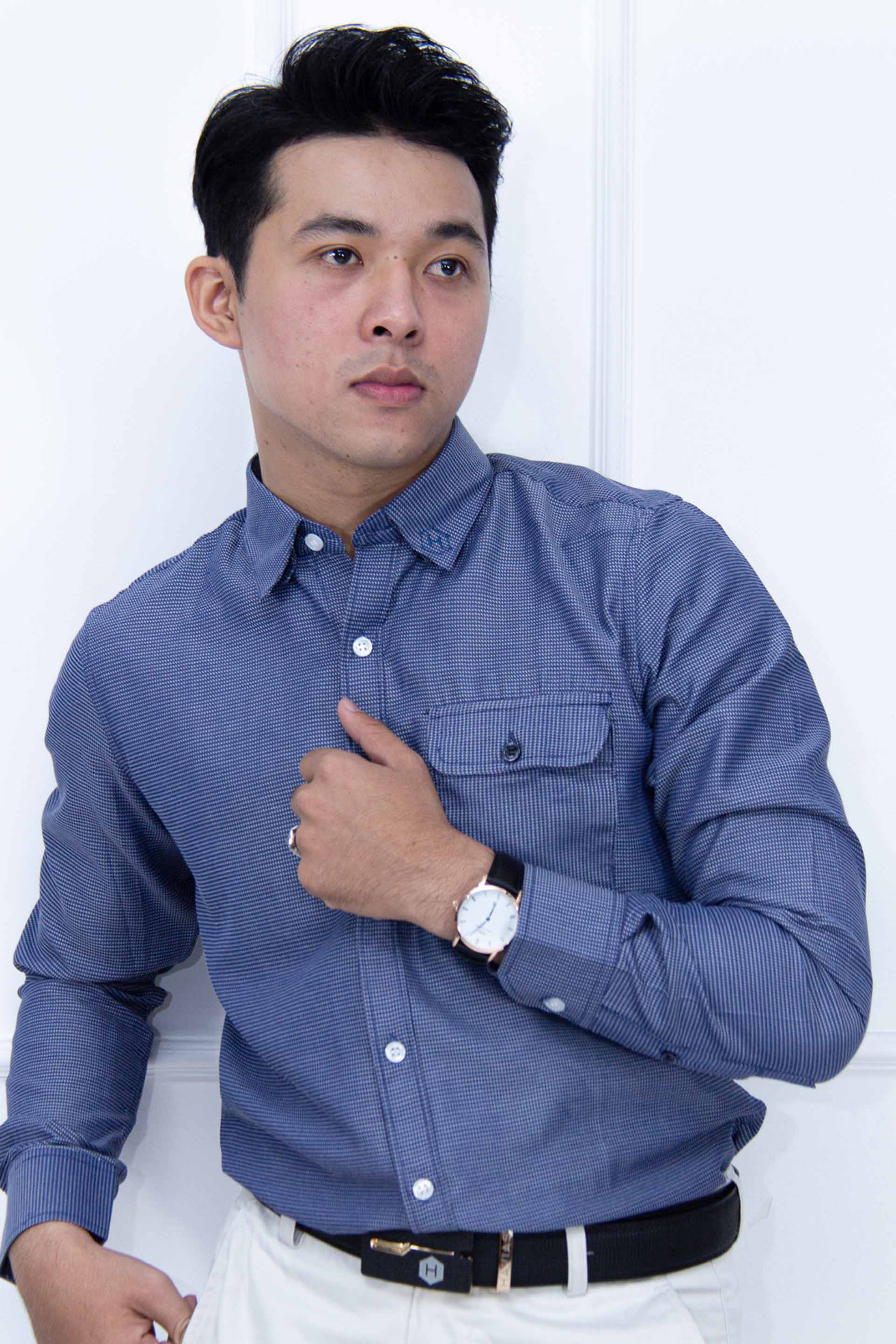 Áo Premium Rippled Dark Blue Shirt with Pocket