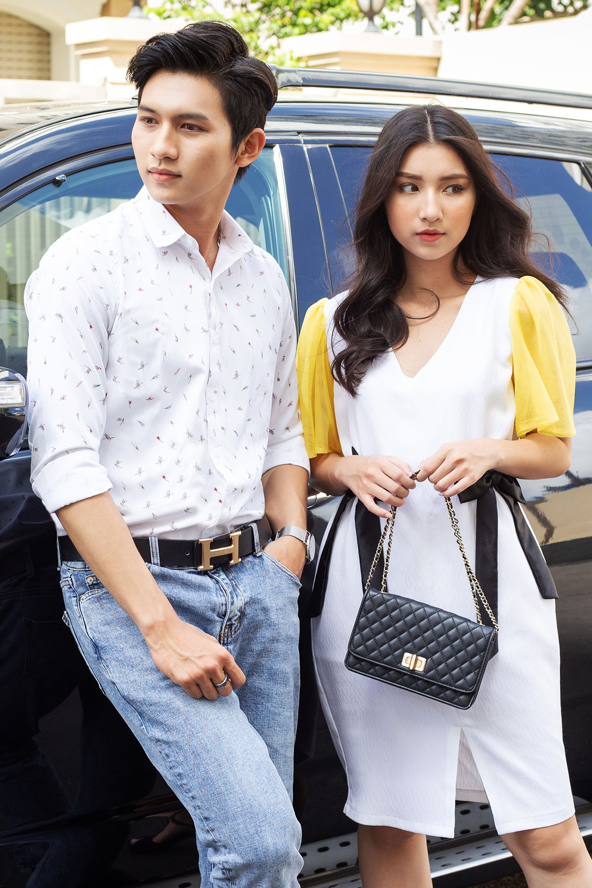 Đồ đôi Couple Premium Scrawl Shirt & Rippled White Dress