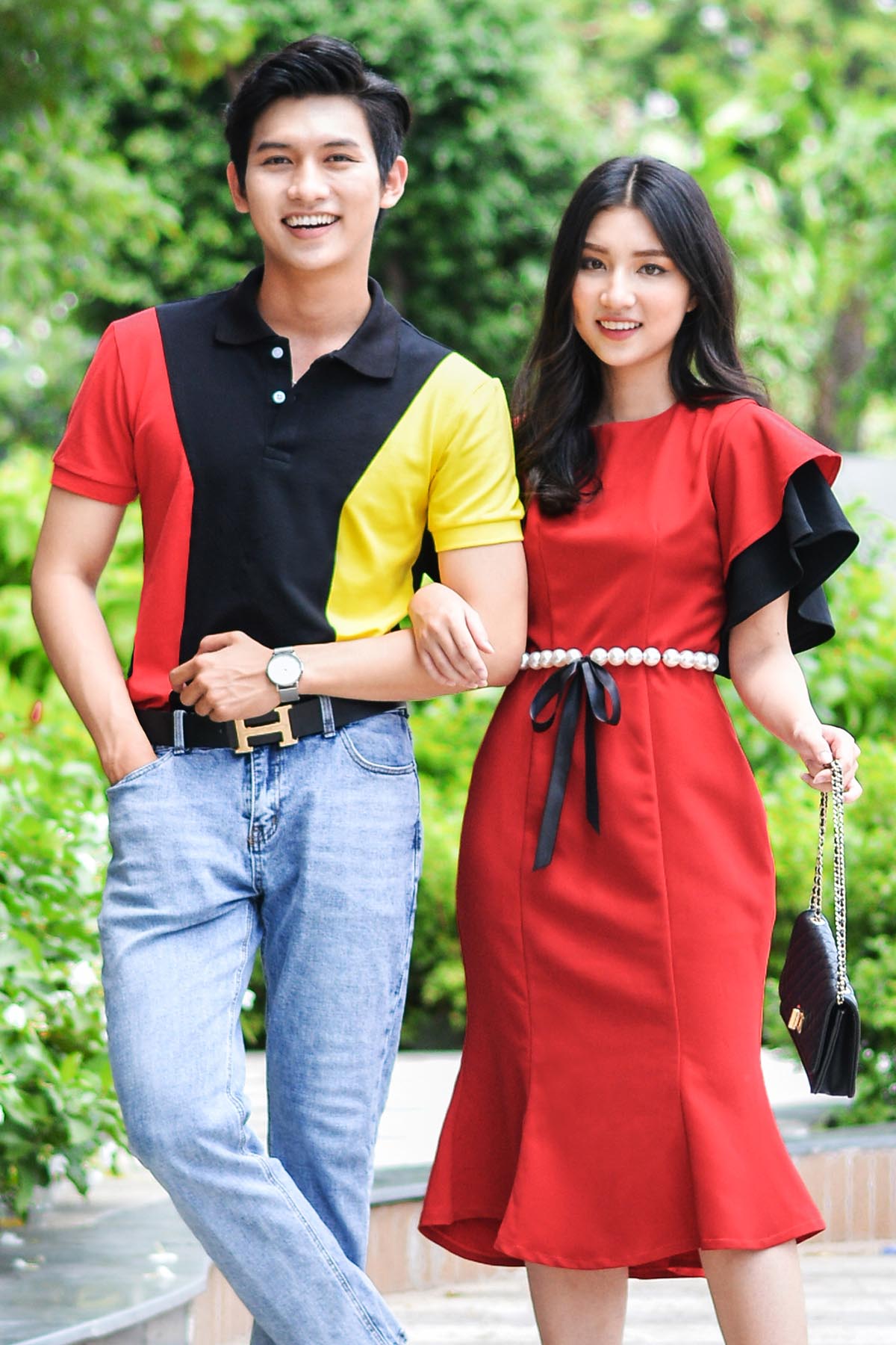 Đồ Đôi Thiết Kế Cao Cấp Couple Strong Shoulder Polo & Pearl Belt Dress