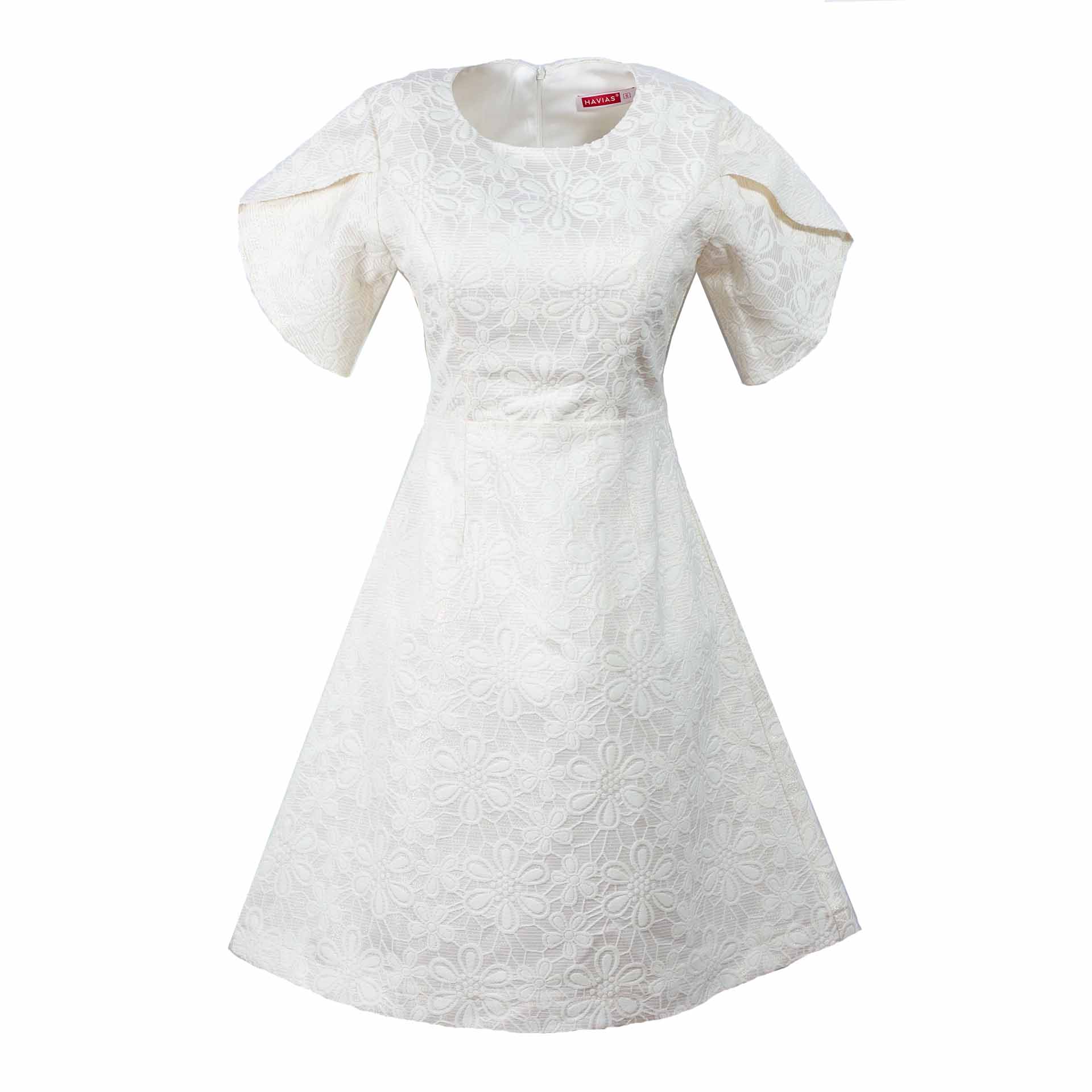 Đầm trắng họa tiết hoa mai tay cánh, Wing Sleeve Apricot Blossom Vein White Dress