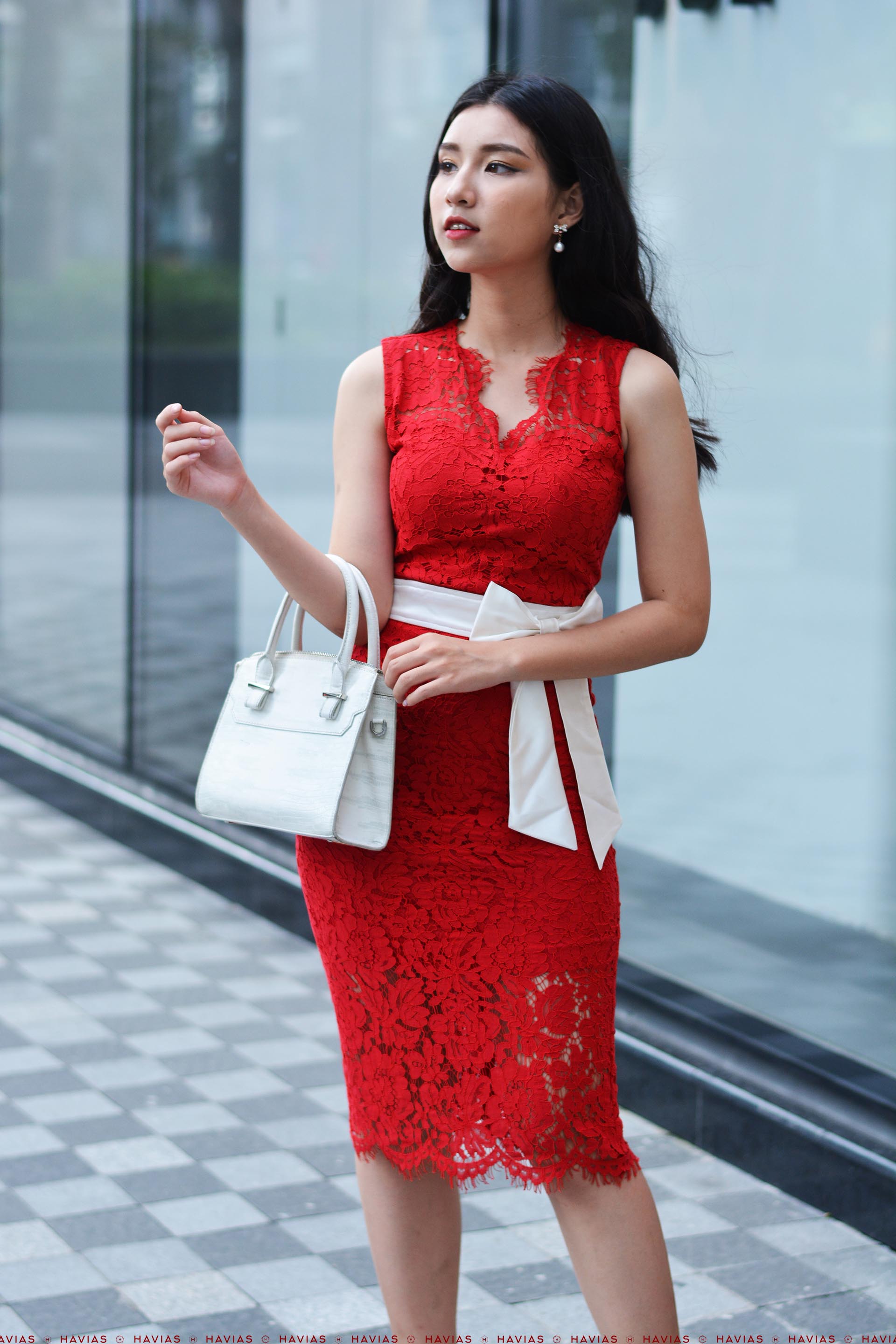 Đầm Gerbera Fabric White Bow Sleeveless Red Dress