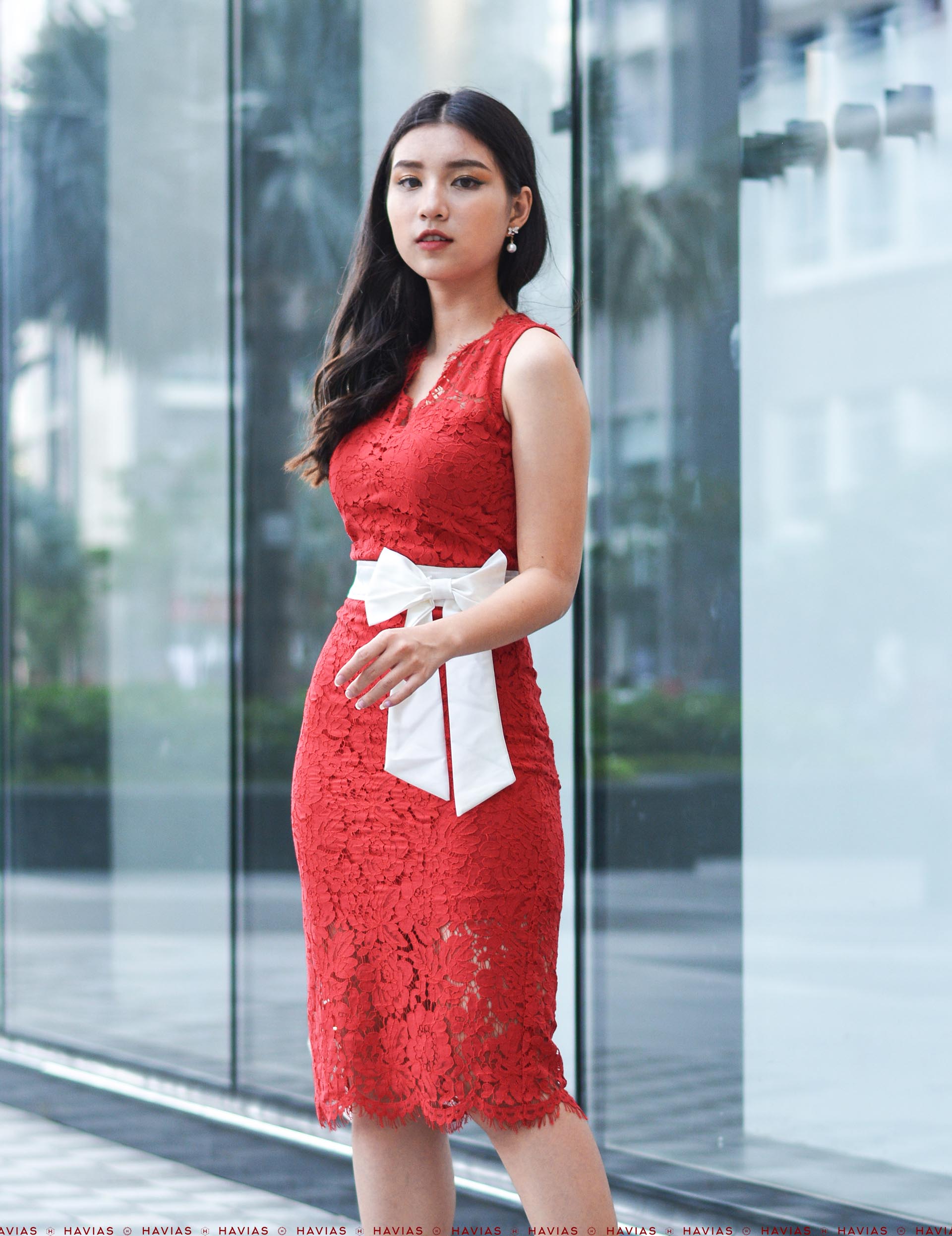 Đầm Gerbera Fabric White Bow Sleeveless Red Dress