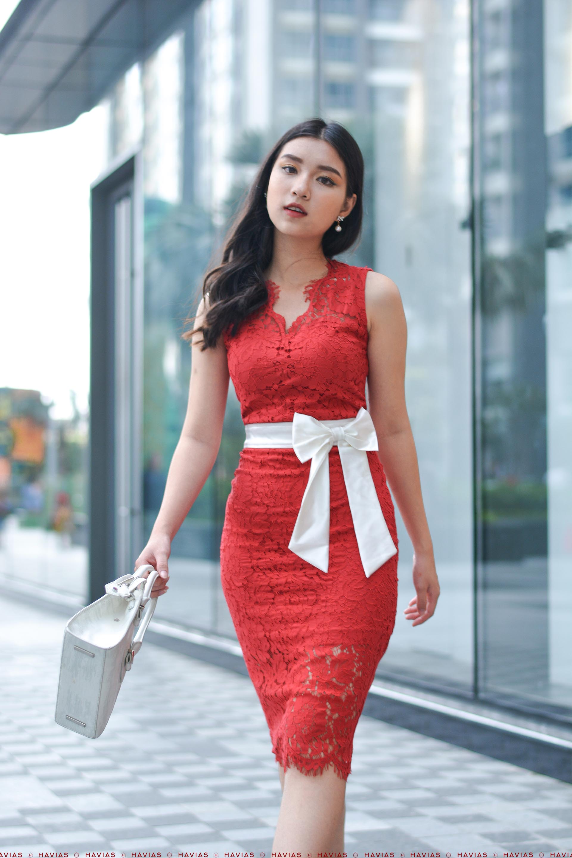 Đầm Gerbera Fabric White Bow Sleeveless Red Dress