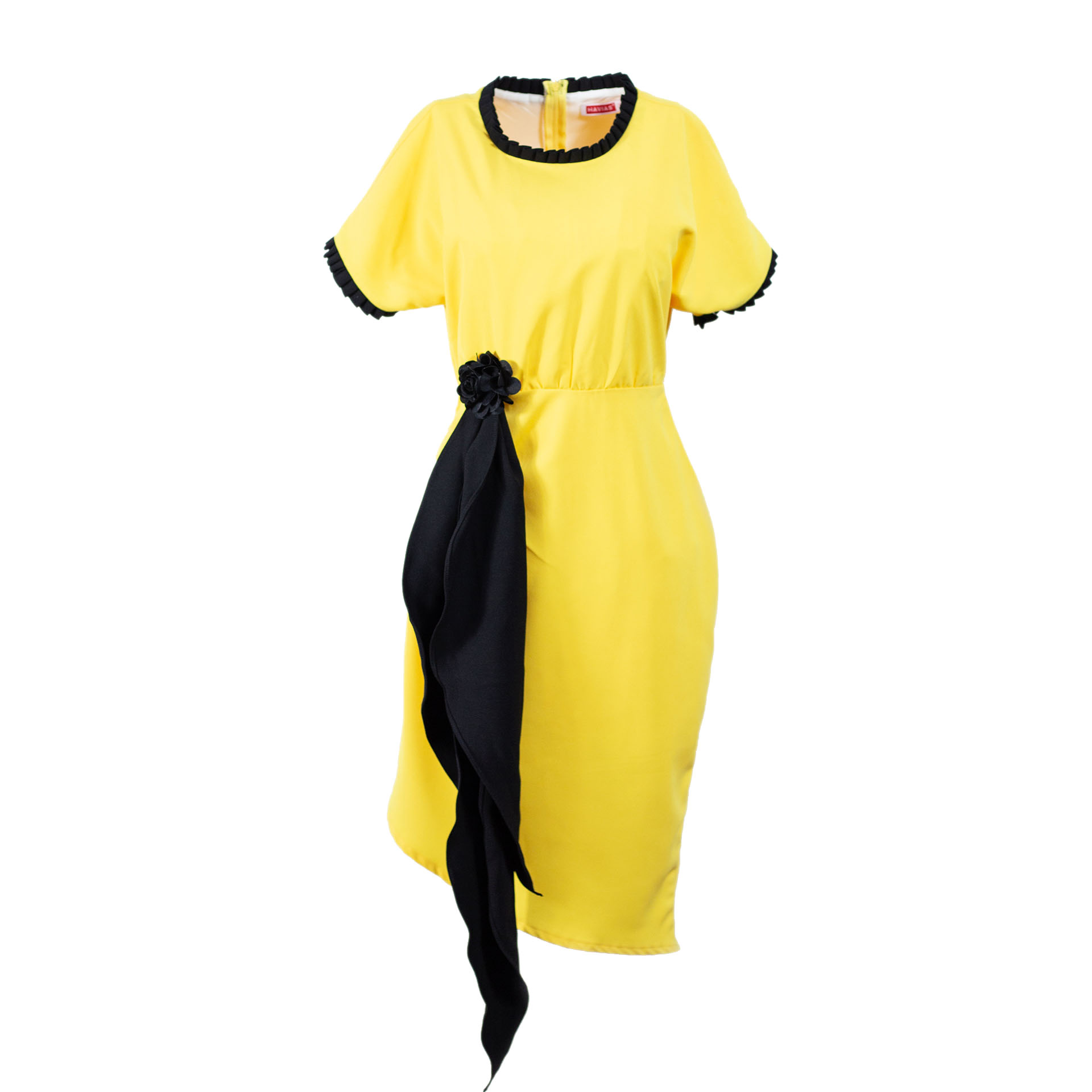 Đầm Pleated Neck Sleeve Black Band Yellow Dress