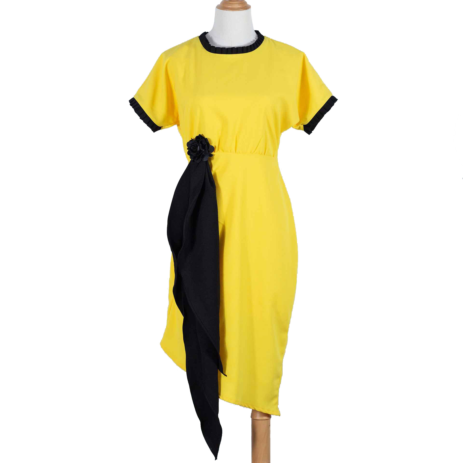 Đầm Pleated Neck Sleeve Black Band Yellow Dress