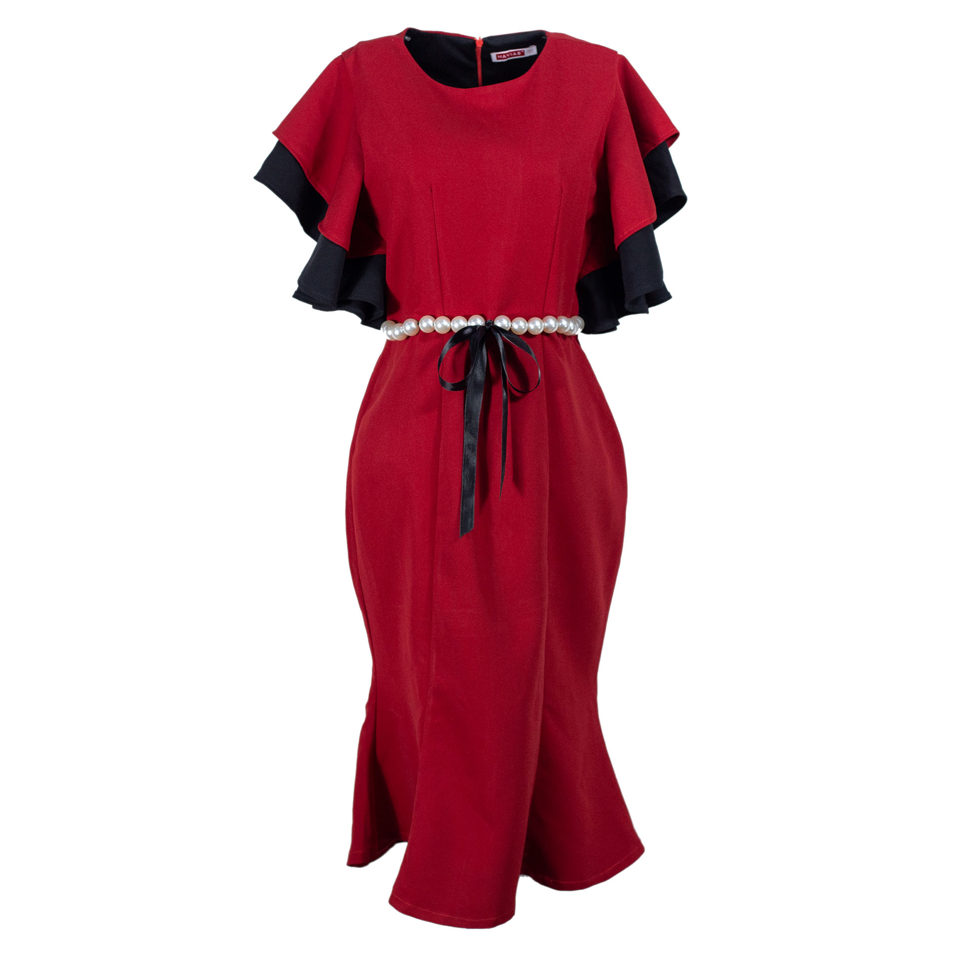 Đầm Cascade Sleeve Pearl Belt mixed Black Red Dress