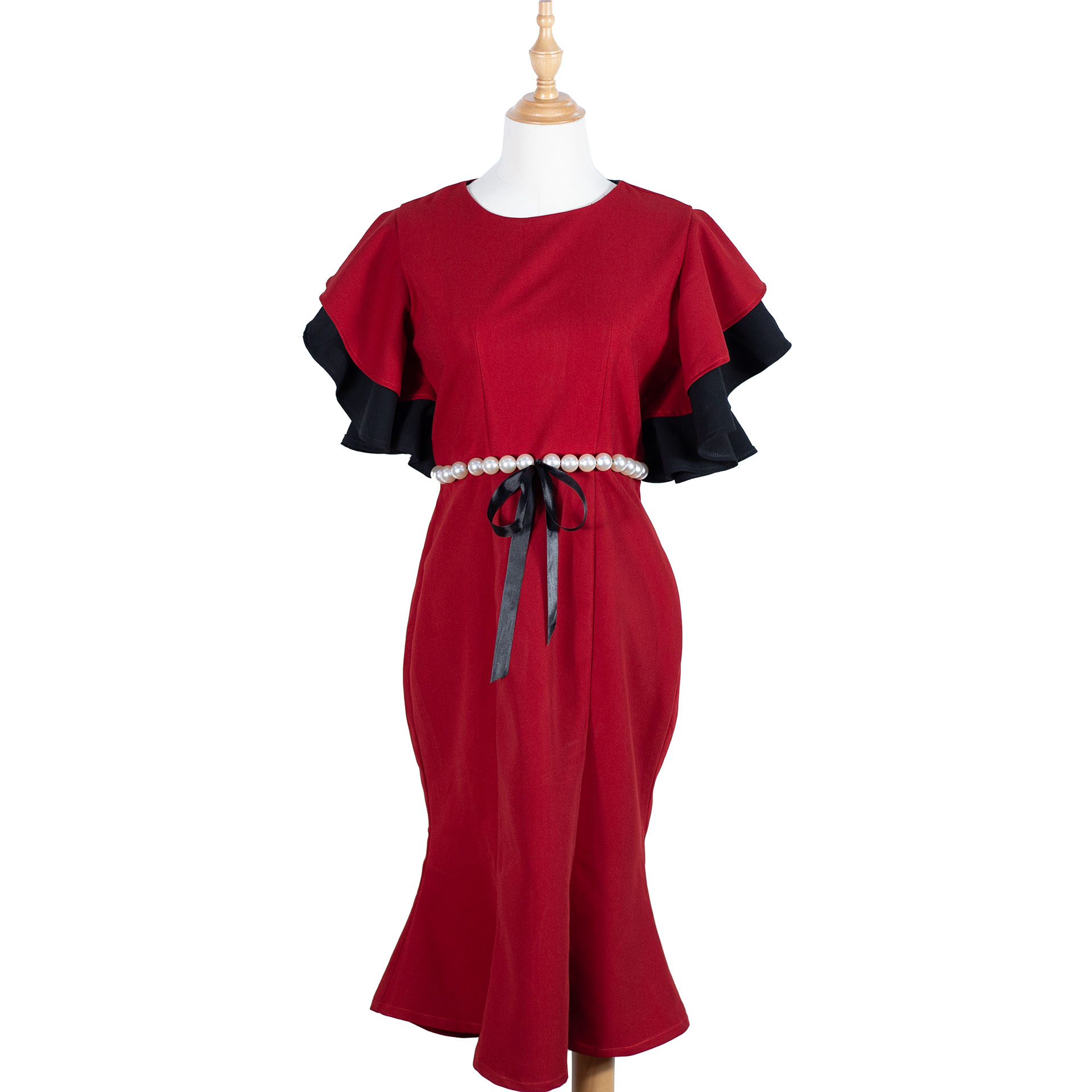 Đầm Cascade Sleeve Pearl Belt mixed Black Red Dress