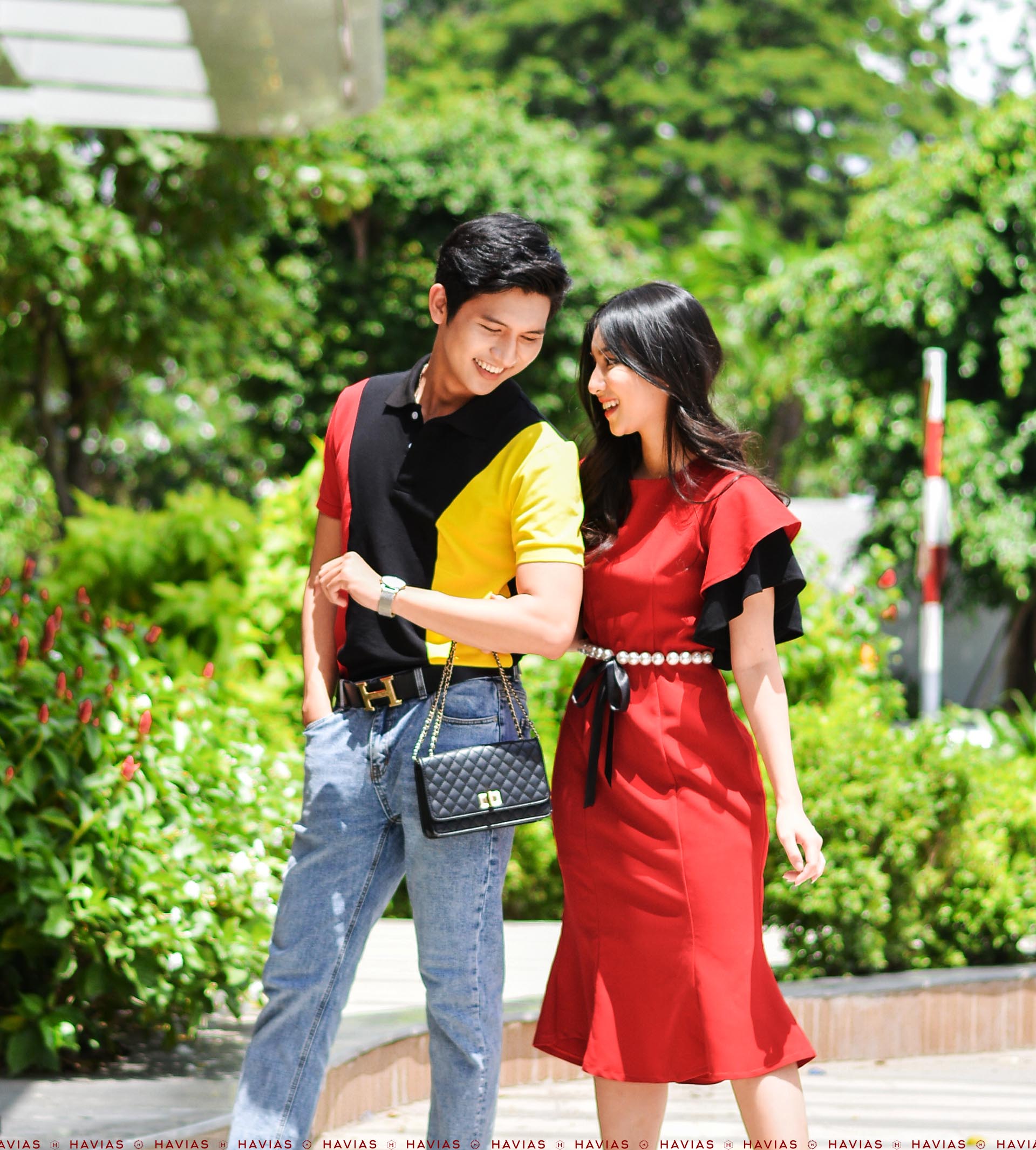 Đồ Đôi Thiết Kế Cao Cấp Couple Strong Shoulder Polo & Pearl Belt Dress