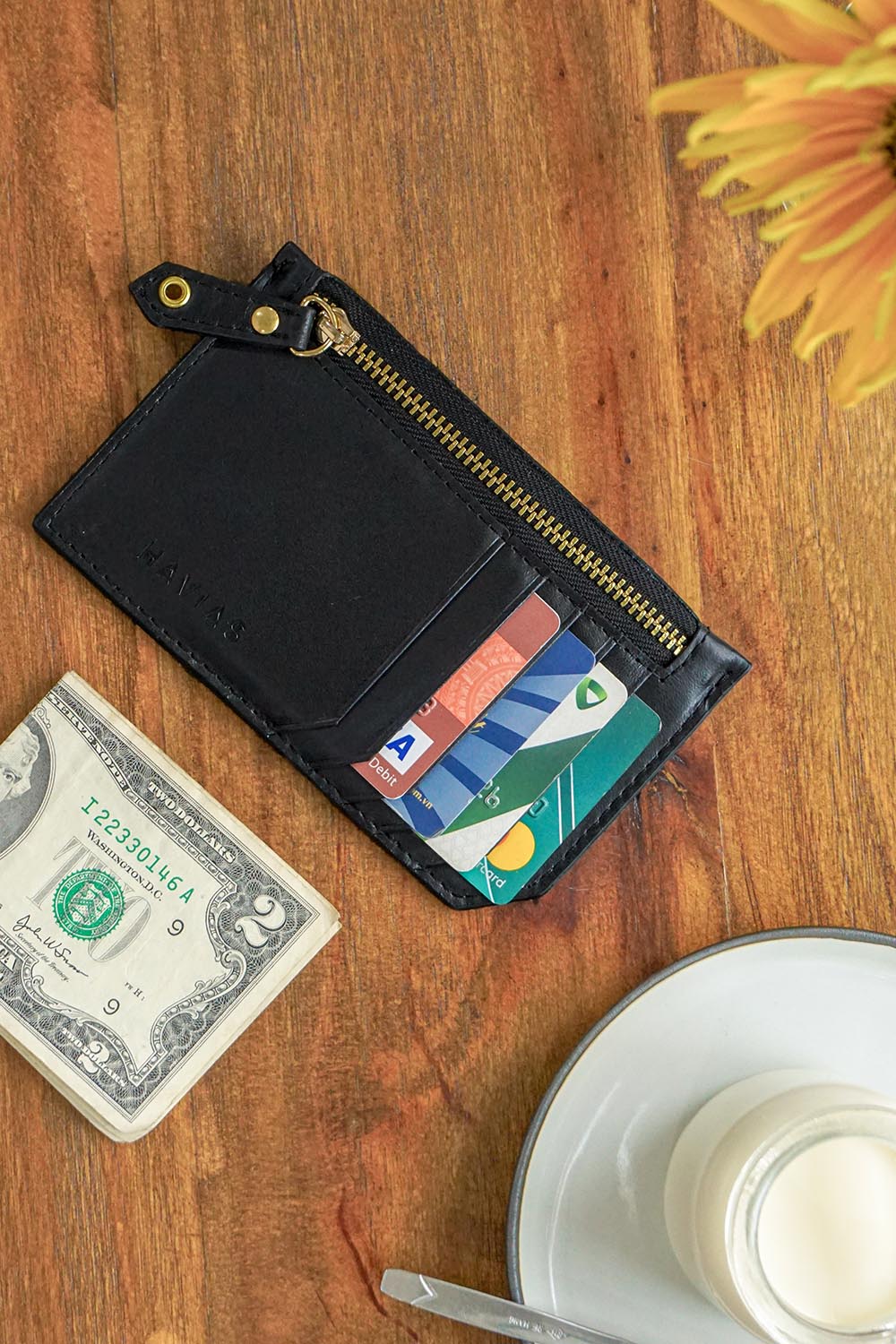 Ví da thật  ví cầm tay Mini khóa kéo Harmony HAVIAS Handcrafted Wallet màu đen