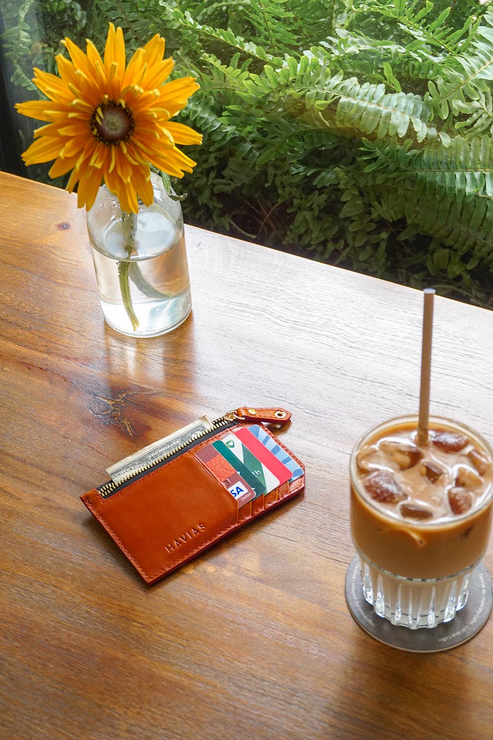 Ví da thật  ví cầm tay Mini khóa kéo Harmony Handcrafted Wallet màu nâu bò