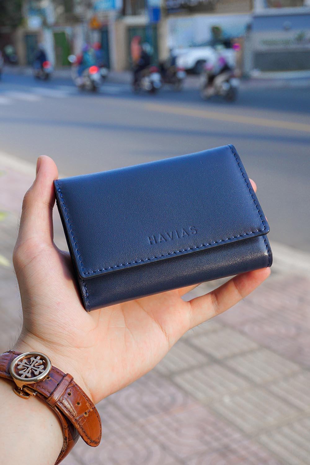 Bóp ví da thật nam nữ HAVIAS Ví gấp Heart3 Mini Handcrafted Wallet Màu Xanh Navy