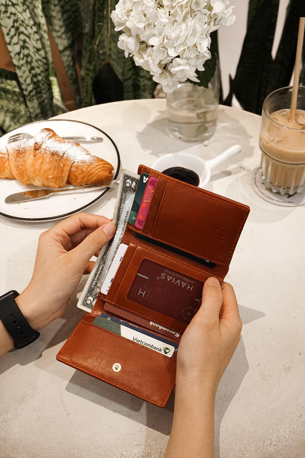 Ví 3 gấp nam nữ Heart3 Mini Handcrafted Wallet da thật may thủ công màu nâu