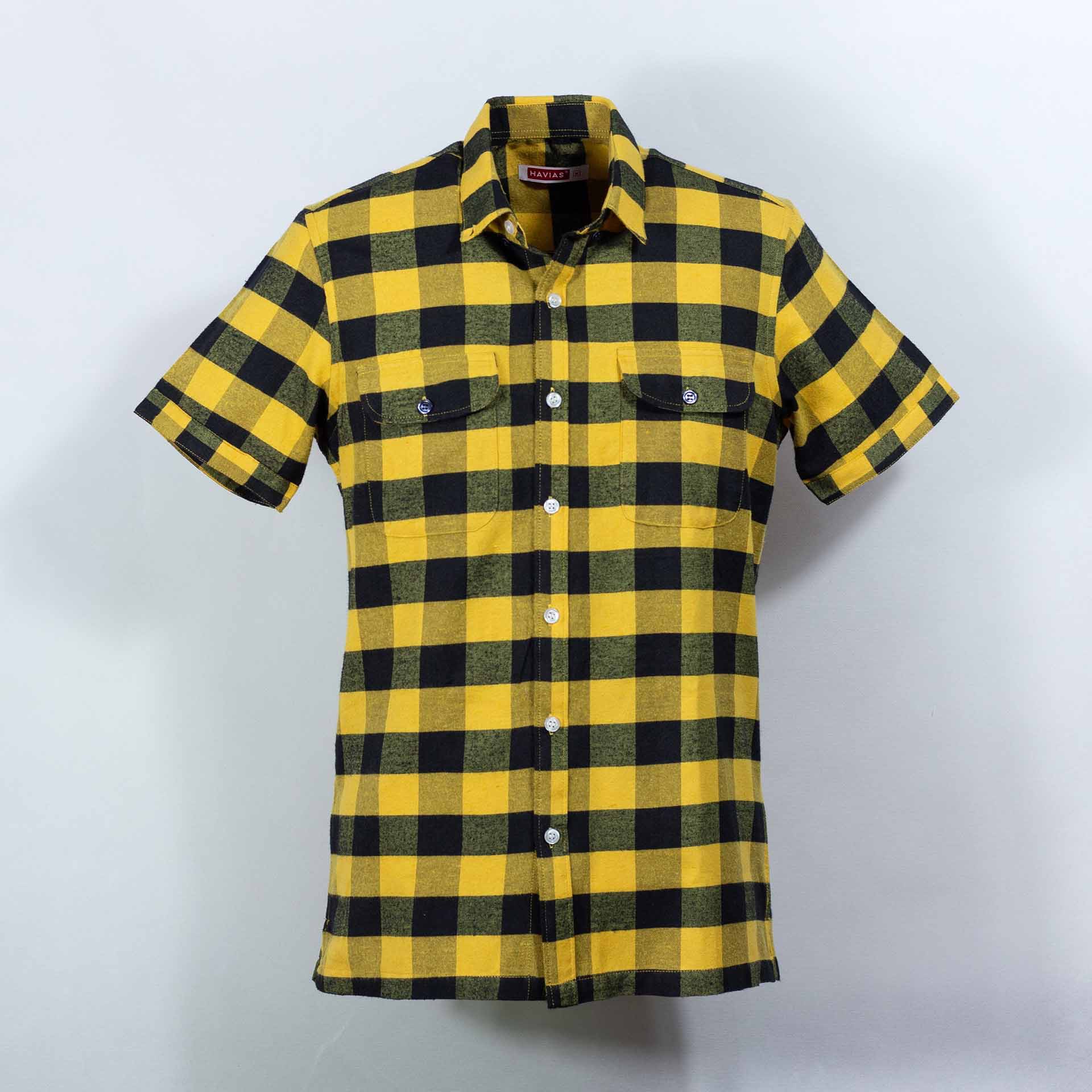 Sơ mi tay ngắn Caro Vàng Đen,  Pocket Yellow Black Short Sleeve Button Down Shirt