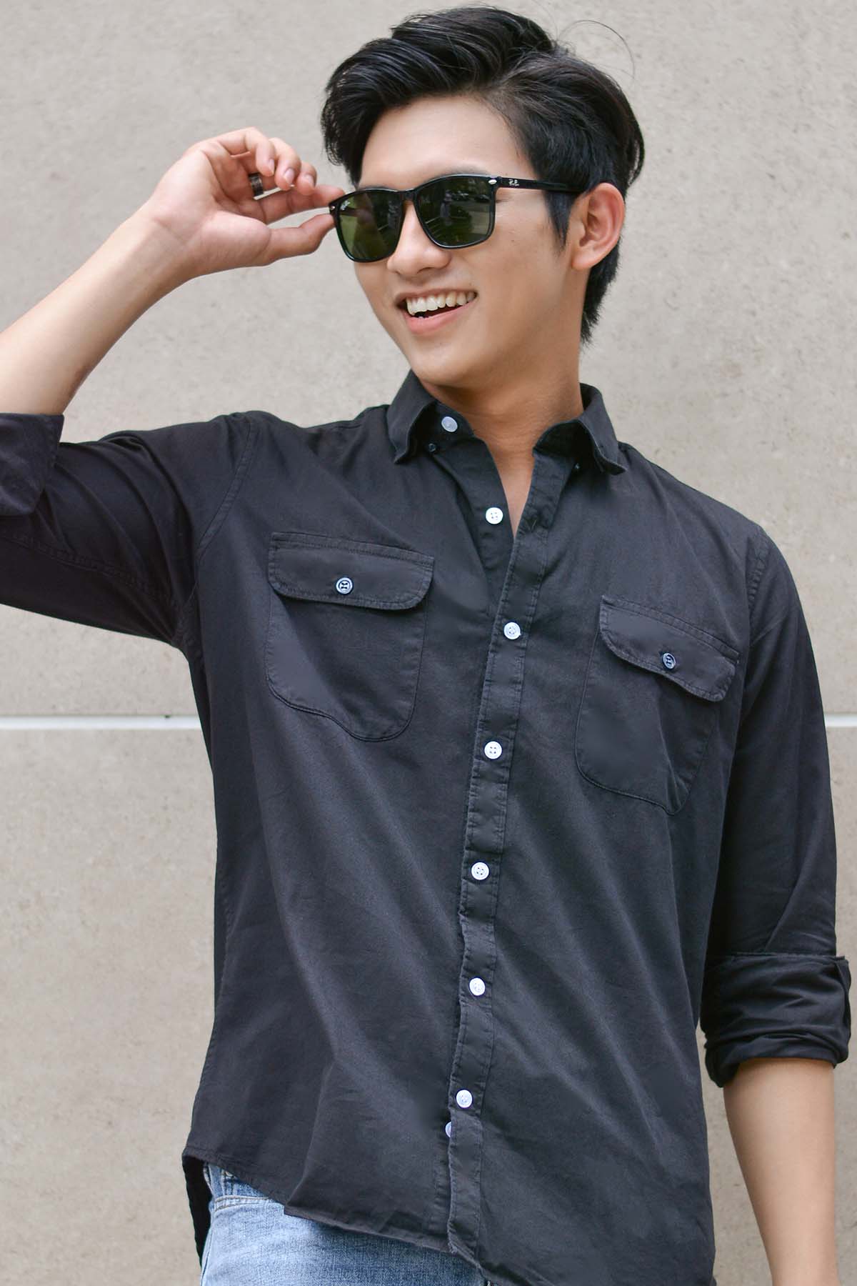 Sơ mi Đen, 2 Pocket Black Button Down Narrow Point Shirt