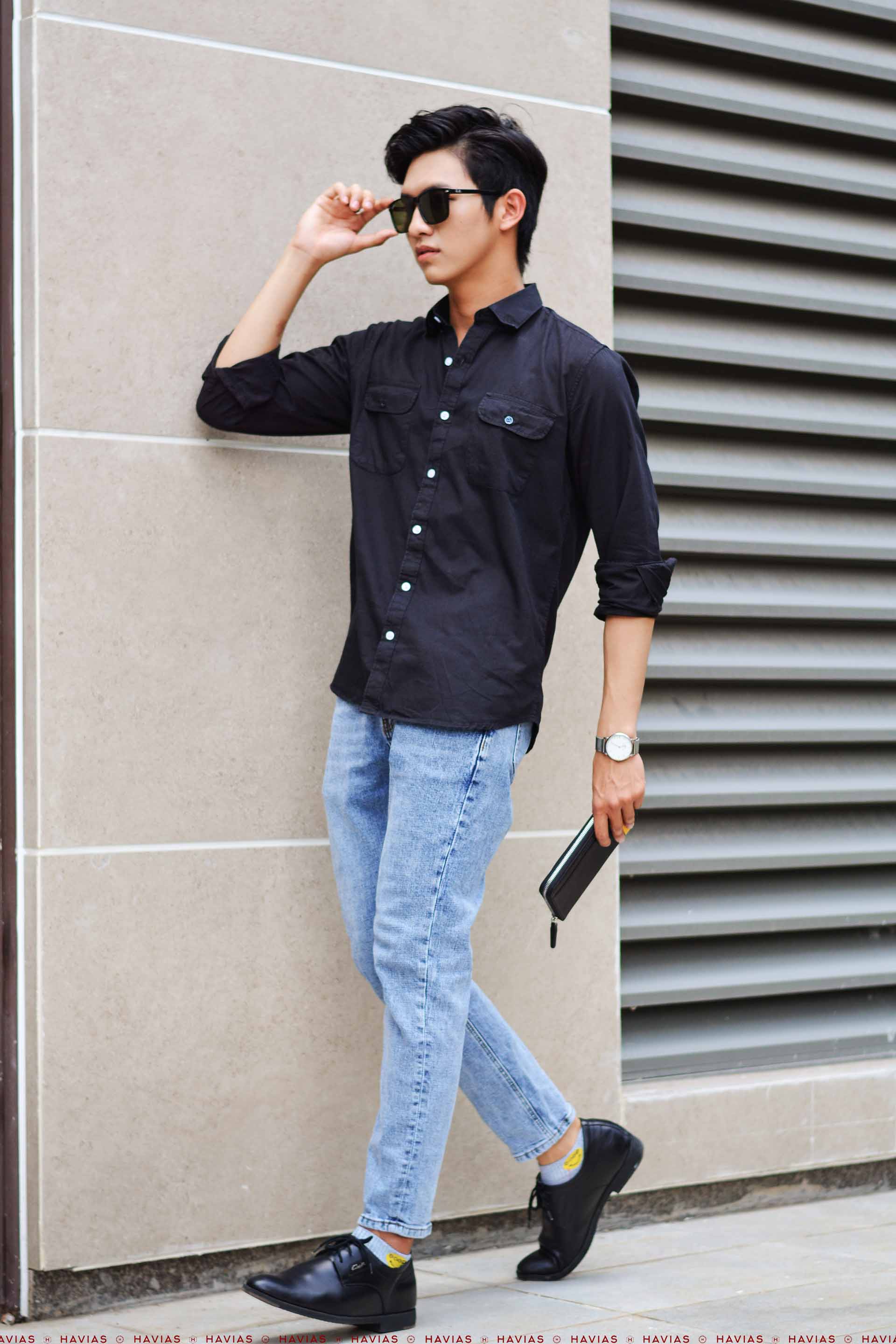 Sơ mi Đen, 2 Pocket Black Button Down Narrow Point Shirt