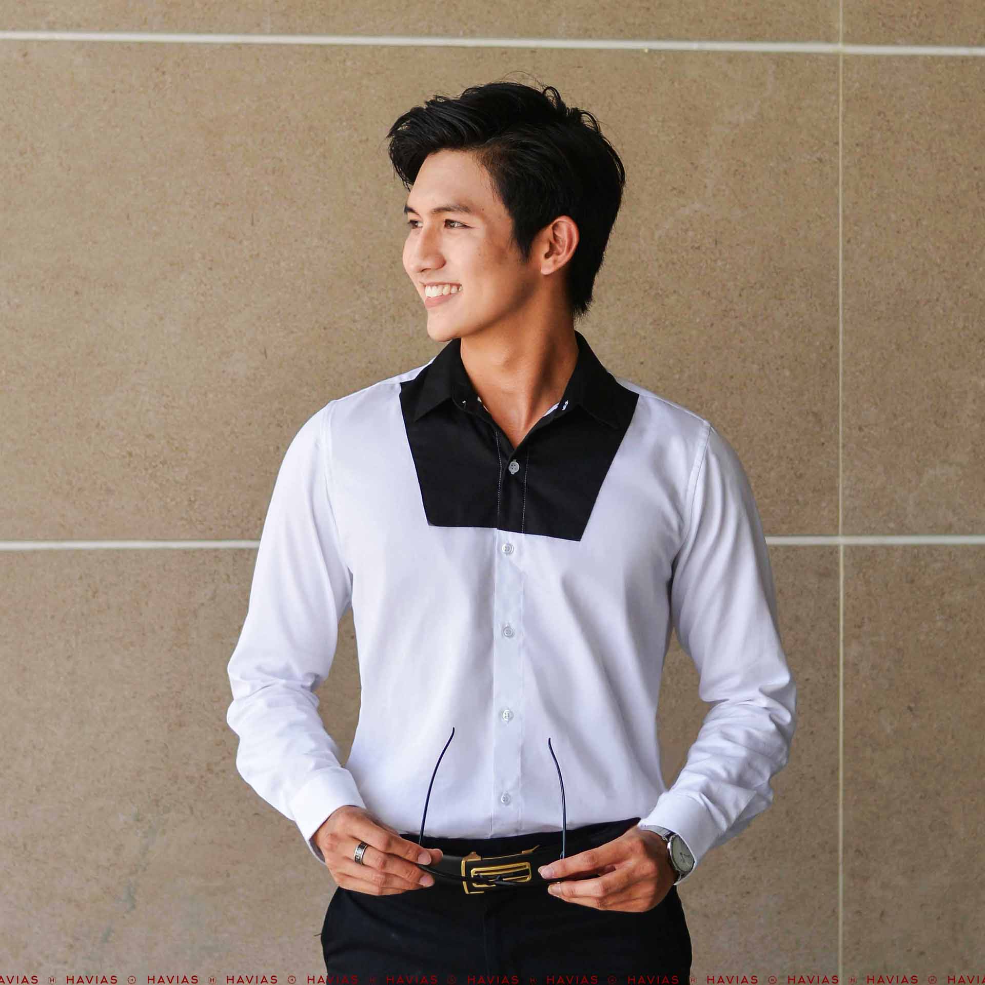 Sơ mi thiết kế Black Chest Hidden Button Down White Shirt