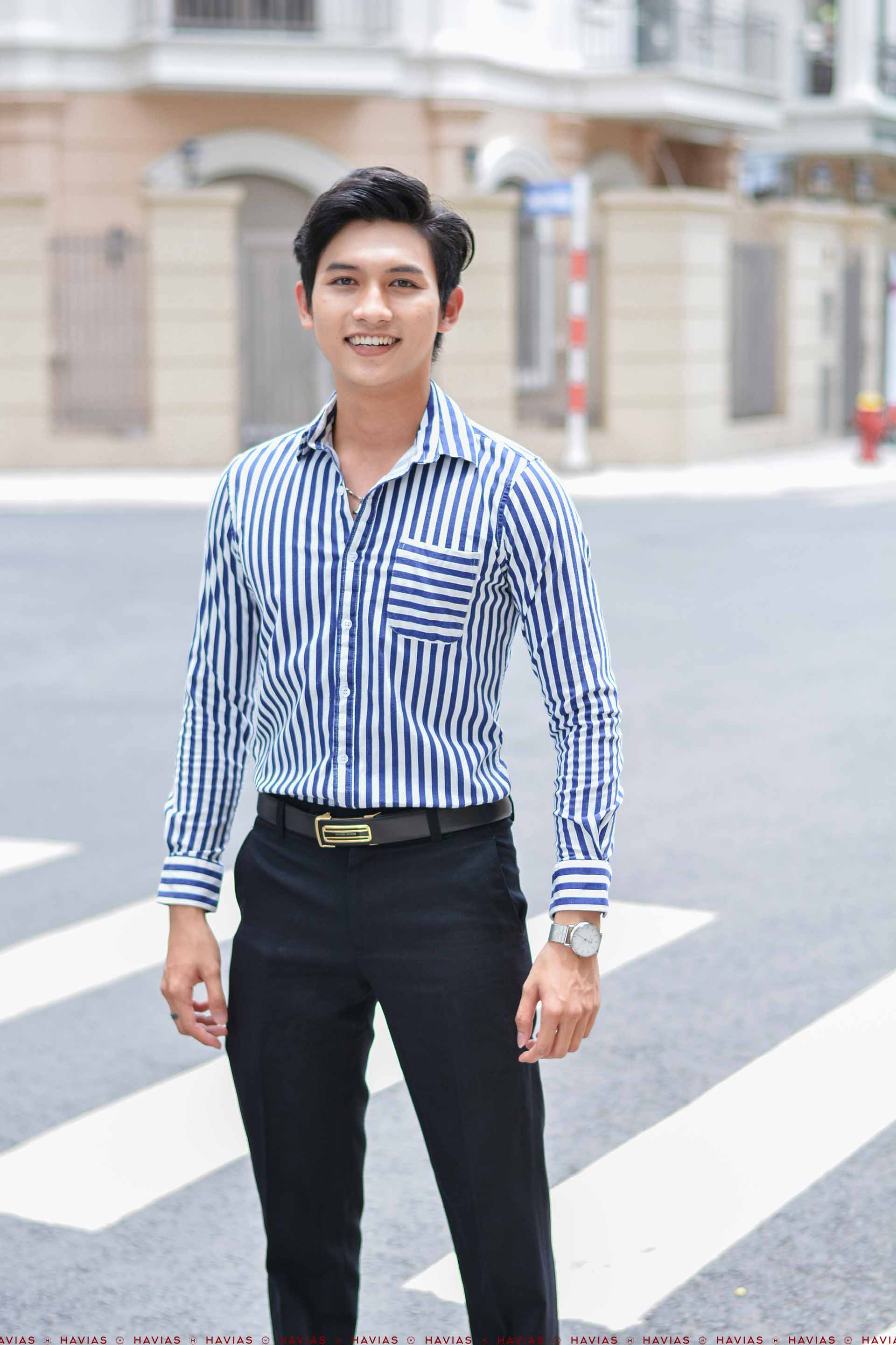 Sơ Mi Cao Cấp Sọc bản to Navy Blue Striped Shirt with Flat Line Pocket